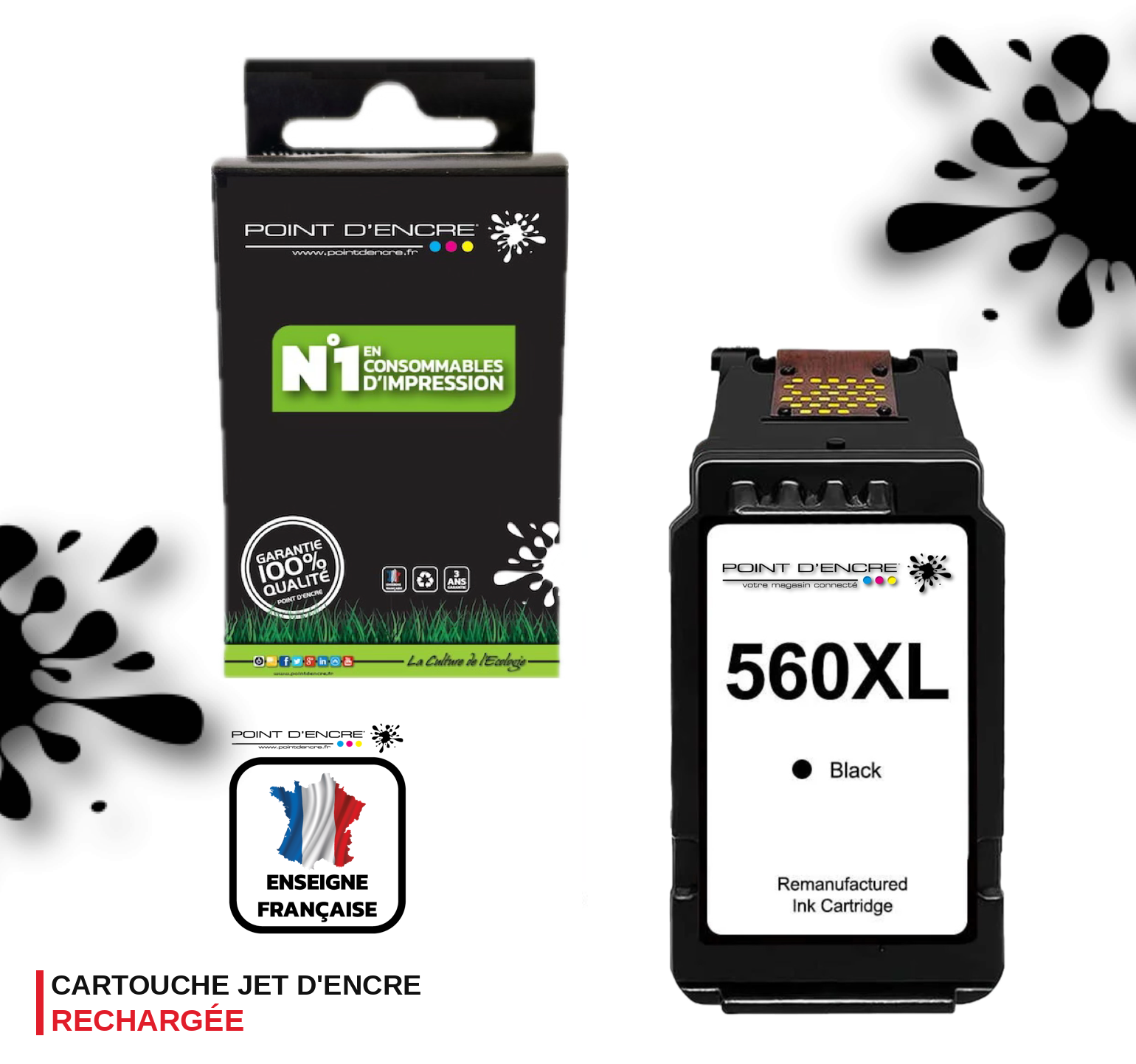 PG-560XL - NOIR - Grande capacité de Marque Française POINT D'ENCRE - Pour imprimante compatible CANON (cec)