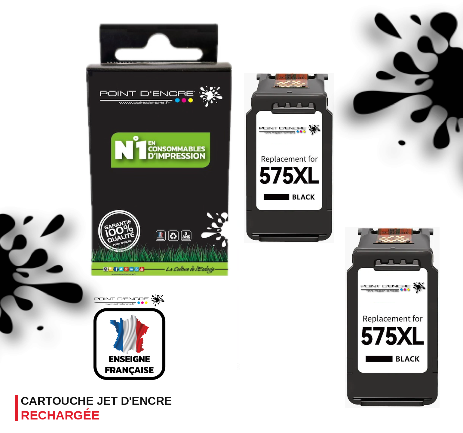 PG-575XL - 2 X NOIR  - Grande capacité de Marque Française POINT D'ENCRE - Pour imprimante compatible CANON (cec)