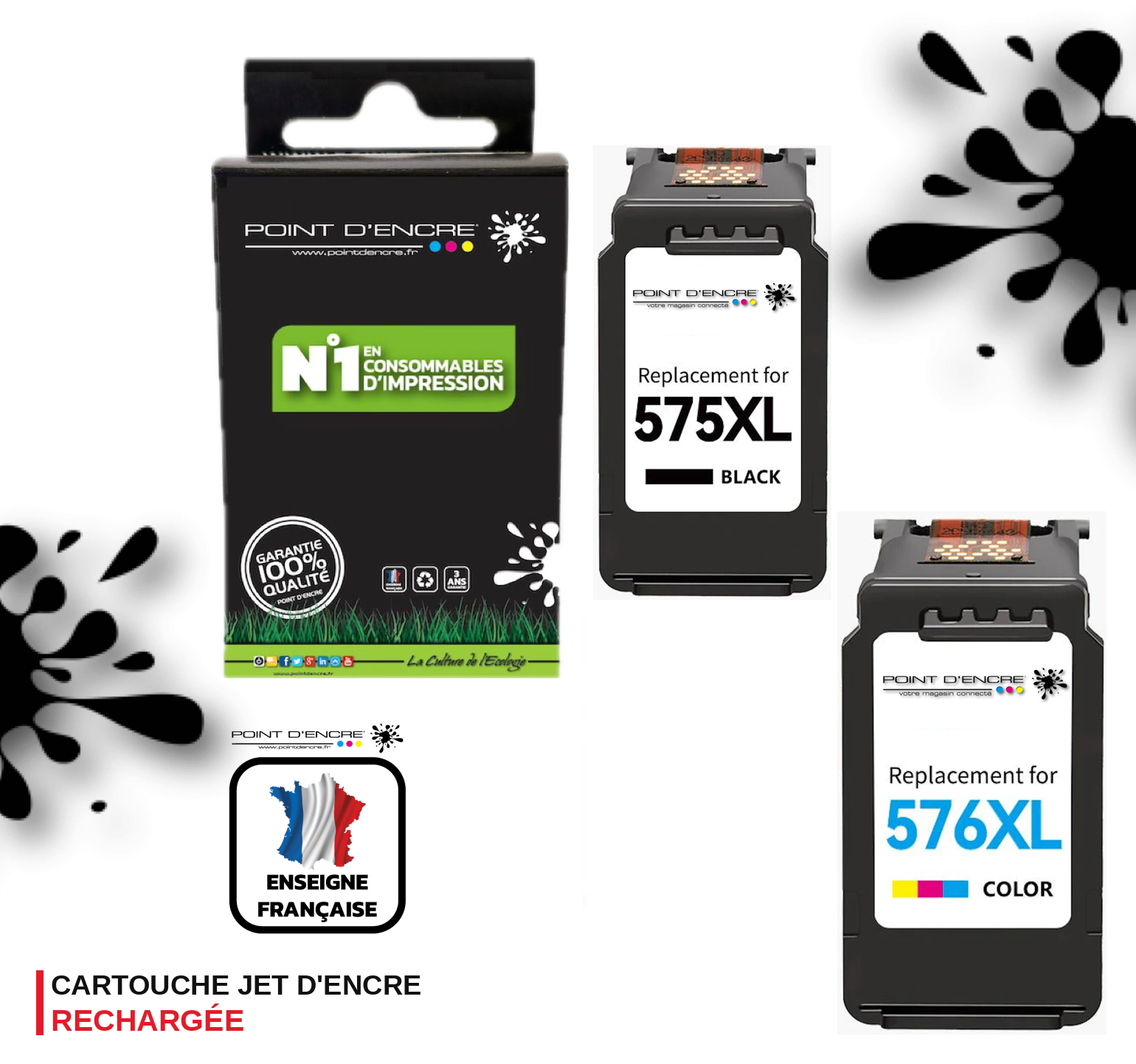PG-575XL / CL-576XL - NOIR / COULEUR - Grande capacité de Marque Française POINT D'ENCRE - Pour imprimante compatible CANON (cec)