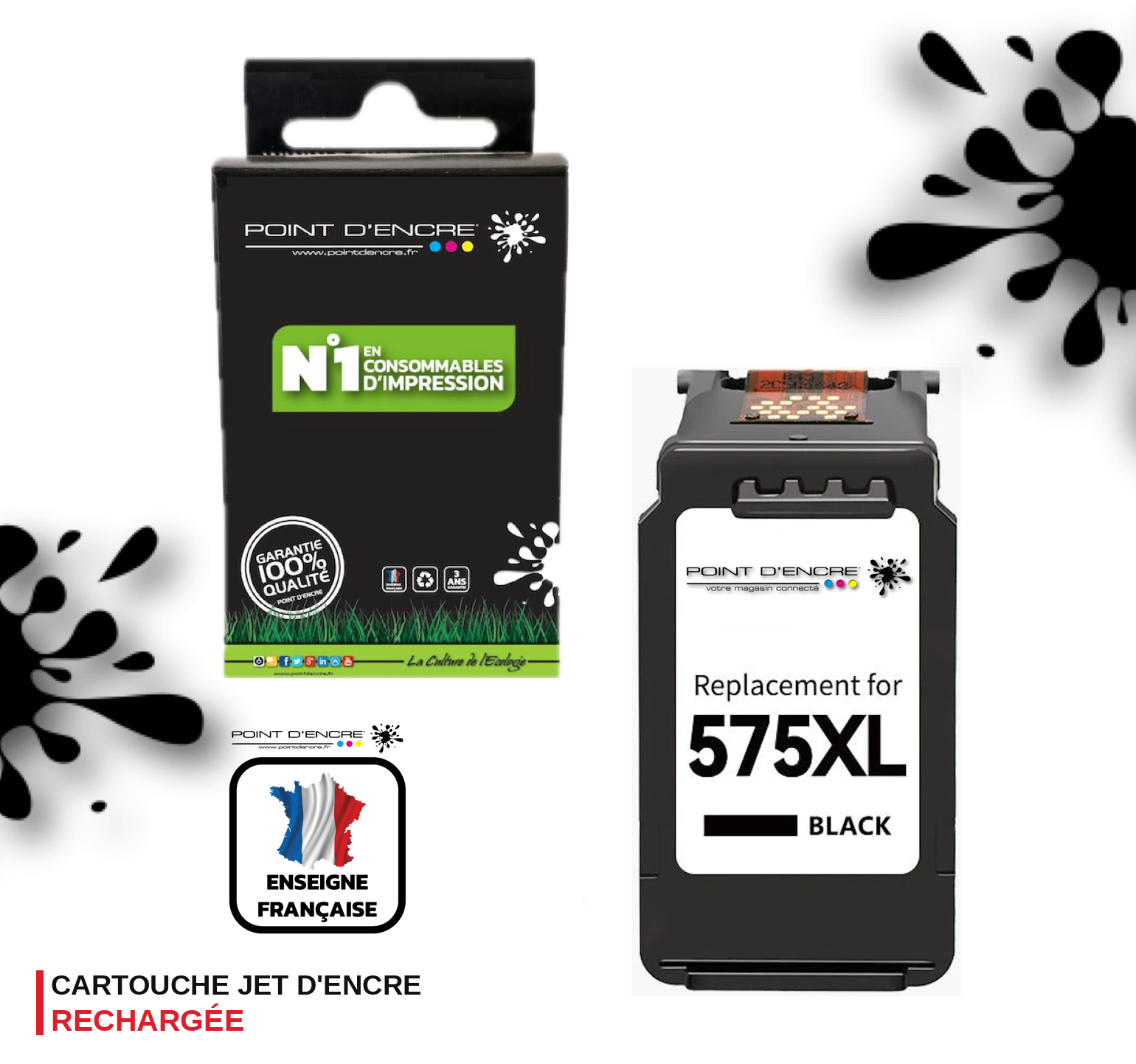 PG-575XL - NOIR  - Grande capacité de Marque Française POINT D'ENCRE - Pour imprimante compatible CANON (cec)