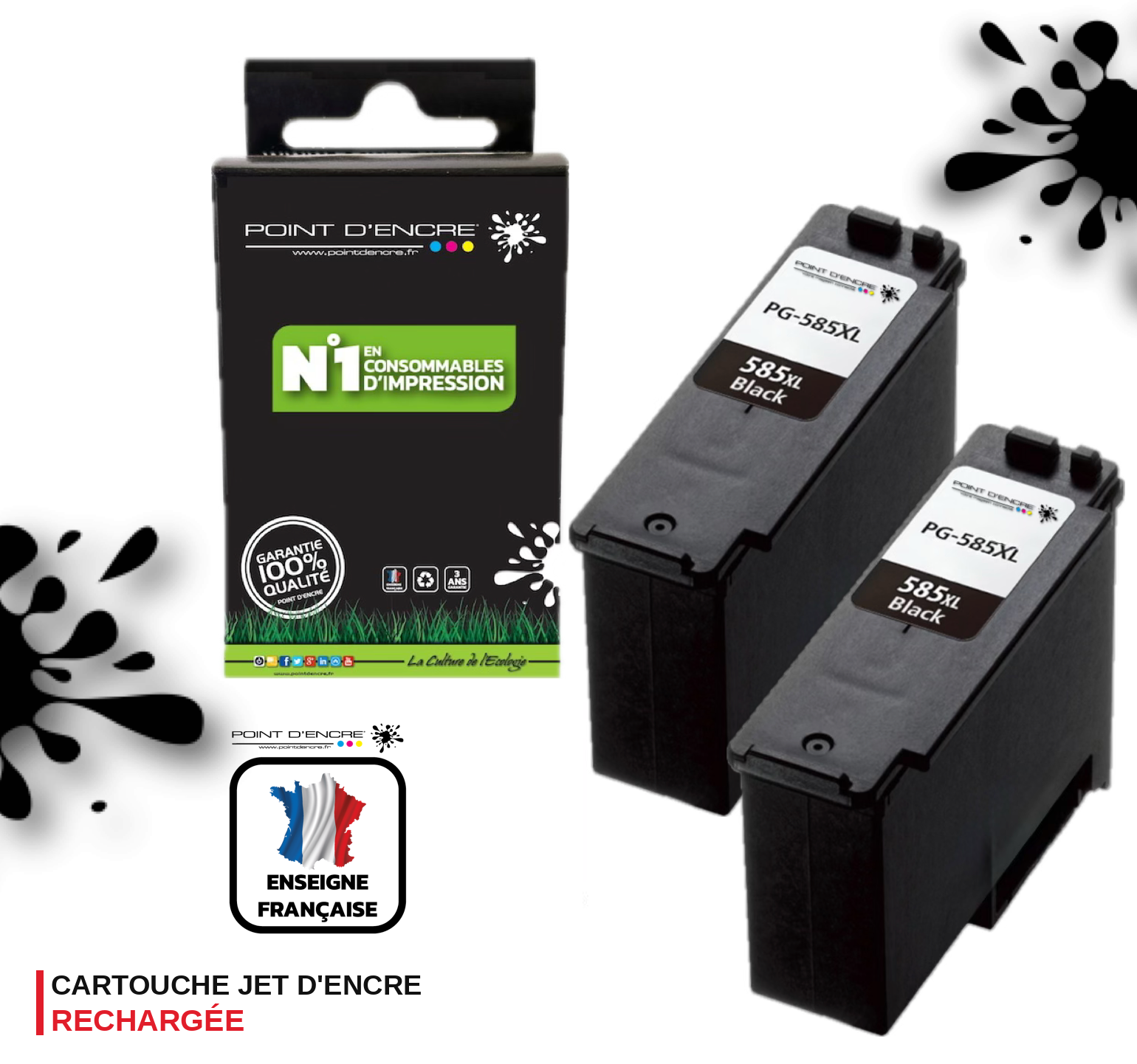 PG-585XL - 2 X NOIR - Grande capacité de Marque Française POINT D'ENCRE - Pour imprimante compatible CANON (cec)