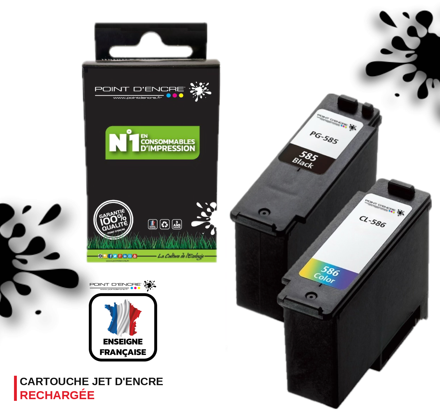 PG-585XL / CL-586XL - NOIR / COULEUR - Grande capacité de Marque Française POINT D'ENCRE - Pour imprimante compatible CANON (cec)