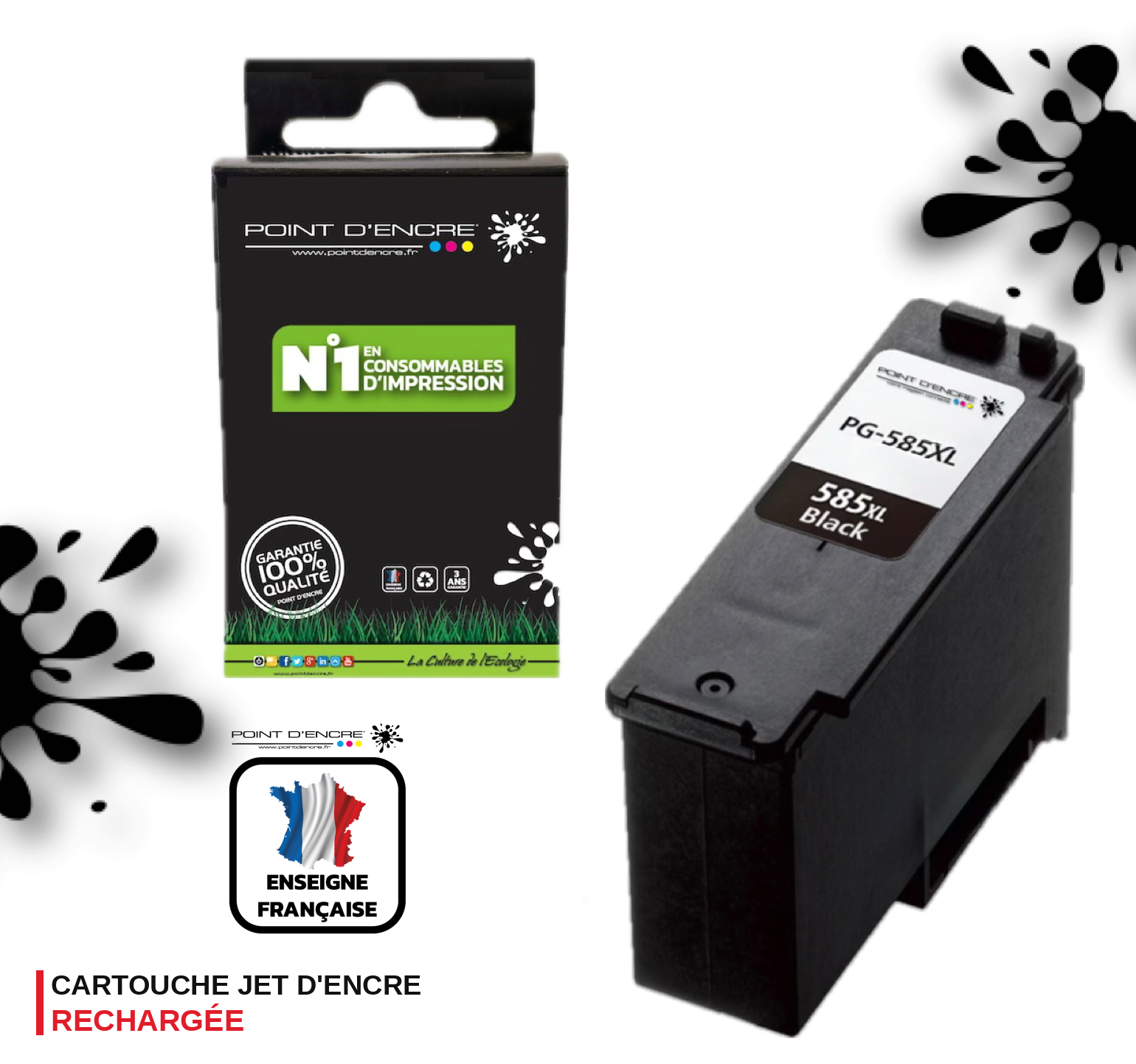 PG-585XL - NOIR - Grande capacité de Marque Française POINT D'ENCRE - Pour imprimante compatible CANON (cec)