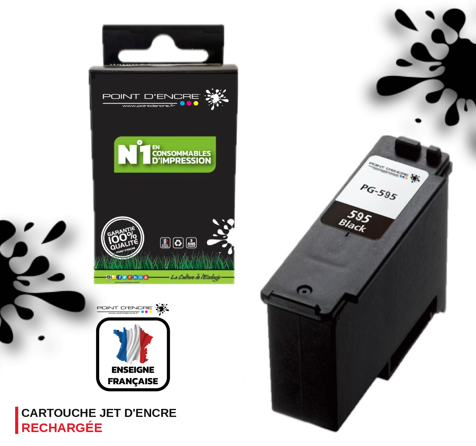 PG-595XL - NOIR - Grande capacité de Marque Française POINT D'ENCRE - Pour imprimante compatible CANON (cec)