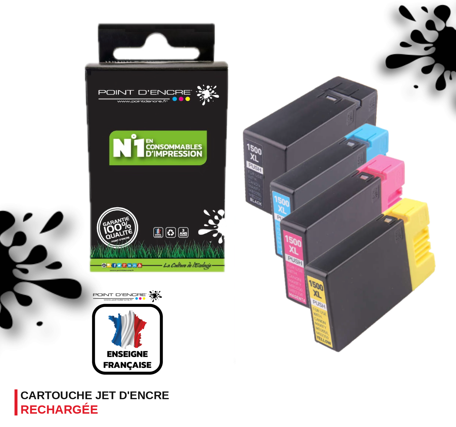 PGI-1500XL - Pack Noir / Cyan / Magenta / Jaune - Grande capacité de Marque Francaise POINT D'ENCRE Pour imprimante compatible CANON (cec)
