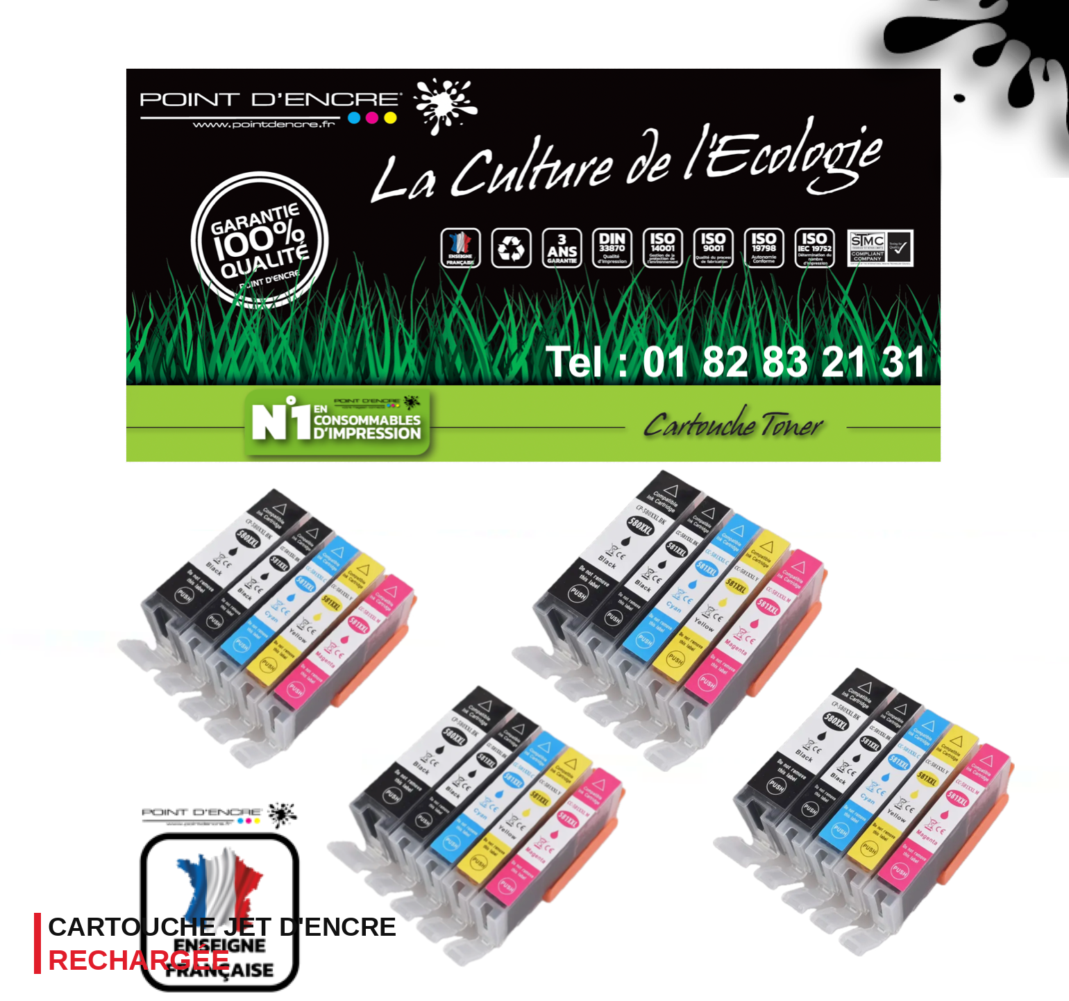 PGI-580XXL / CLI-581XXL - 4 X Pack Noir / Cyan / Magenta / Jaune / Noir photo - Grande capacité de Marque Française POINT D'ENCRE Pour imprimante compatible CANON (cec)