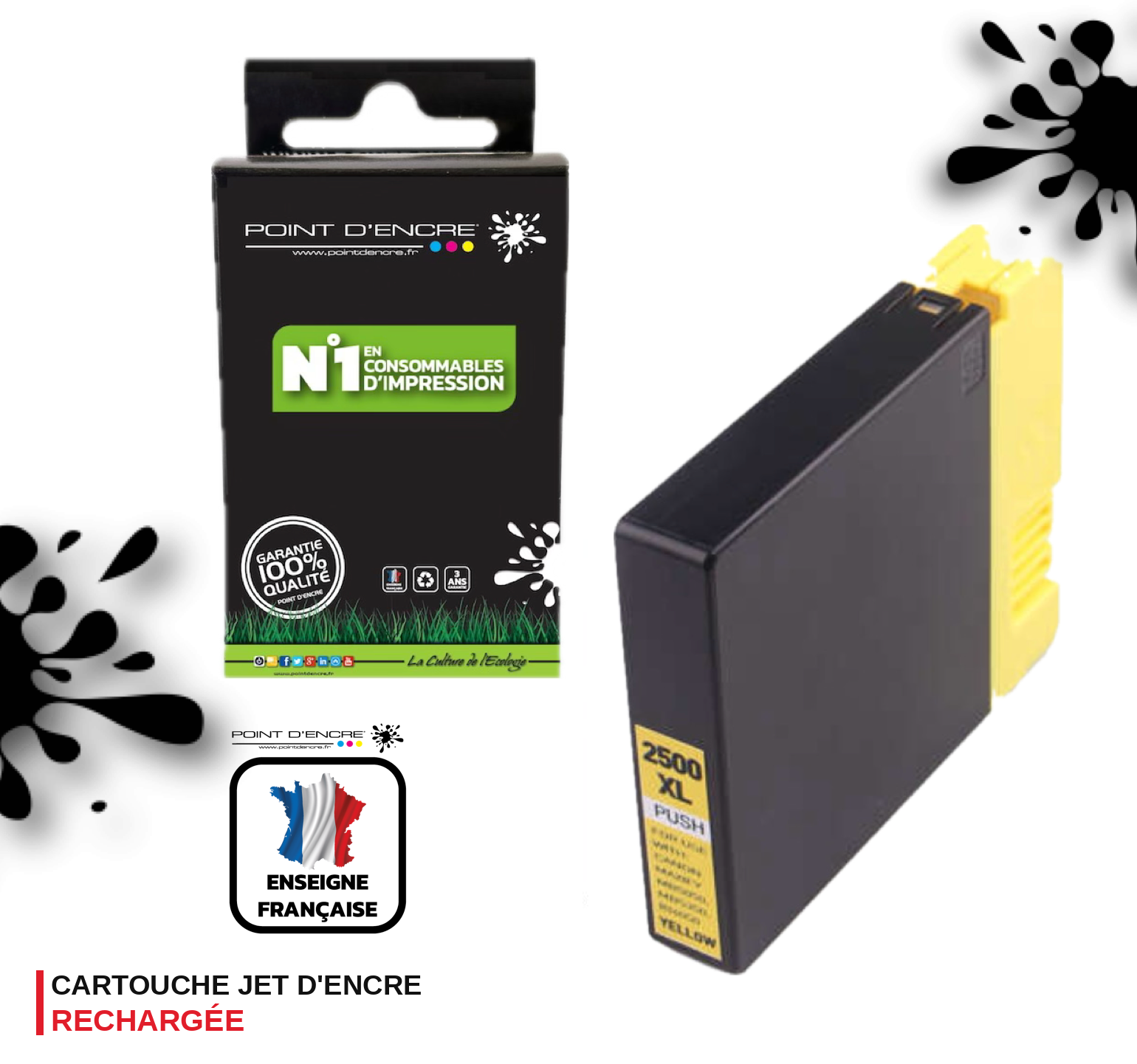PGI-2500XL - JAUNE - Grande capacité de Marque Francaise POINT D'ENCRE Pour imprimante compatible CANON (cec)