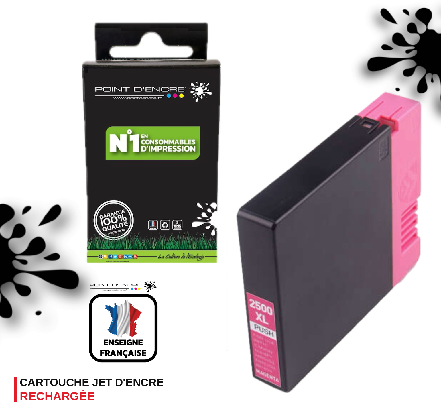 PGI-2500XL - MAGENTA - Grande capacité de Marque Francaise POINT D'ENCRE Pour imprimante compatible CANON (cec)