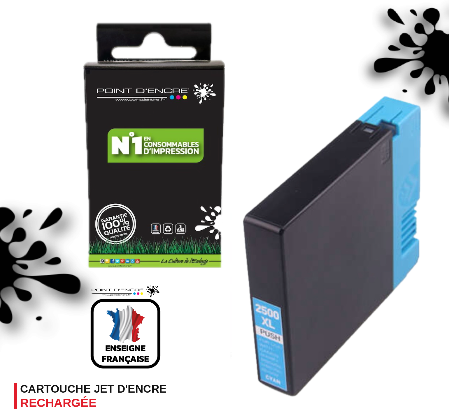 PGI-2500XL - CYAN - Grande capacité de Marque Francaise POINT D'ENCRE Pour imprimante compatible CANON (cec)