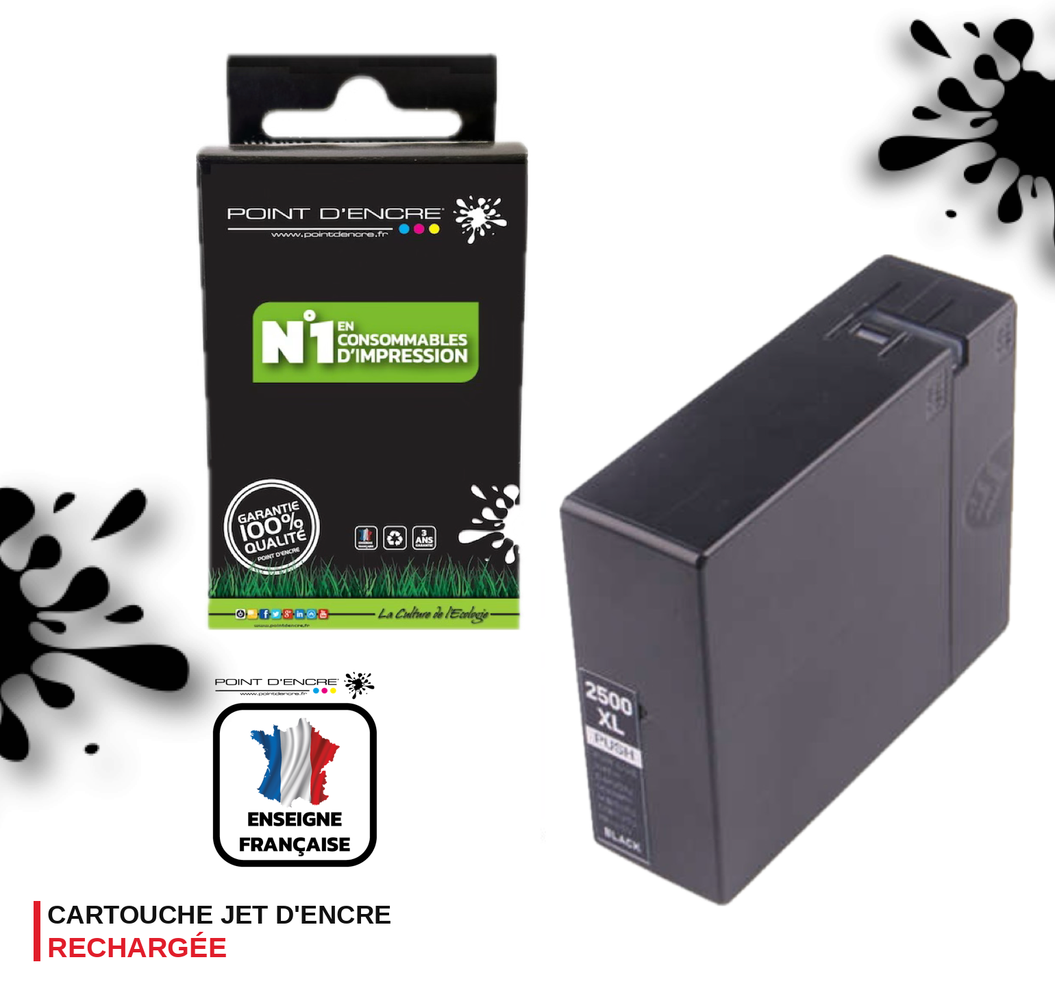 PGI-2500XL - NOIR - Grande capacité de Marque Francaise POINT D'ENCRE Pour imprimante compatible CANON (cec)