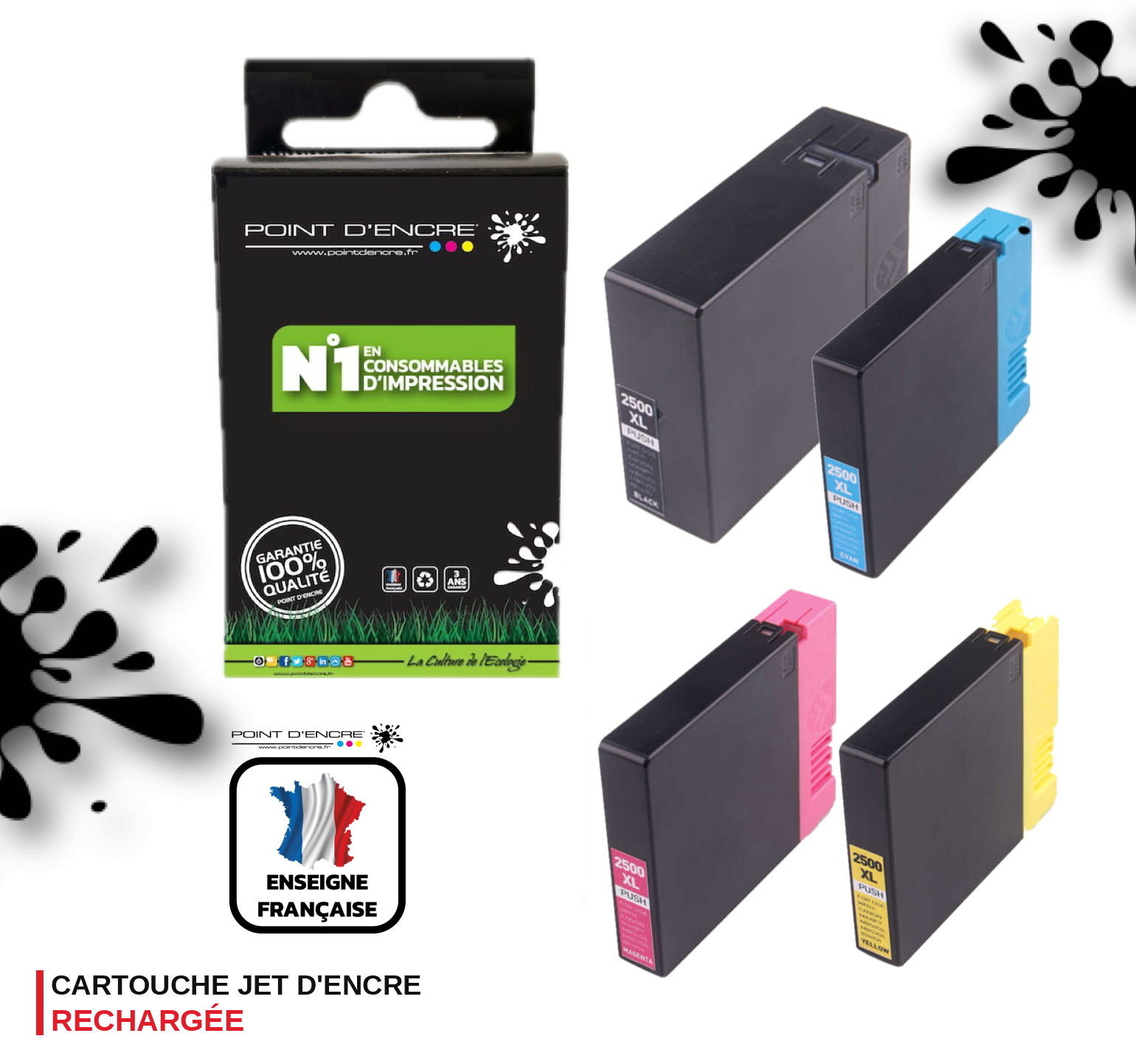 PGI-2500XL - Pack Noir / Cyan / Magenta / Jaune - Grande capacité de Marque Francaise POINT D'ENCRE Pour imprimante compatible CANON (cec)