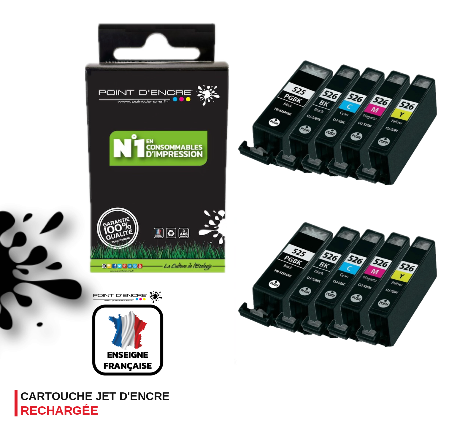 PGI-525 / CLI-526 - 2 X PACKS NOIR / NOIR PHOTO / CYAN / MAGENTA / JAUNE - Grande capacité de Marque Française POINT D'ENCRE Pour imprimante compatible CANON (cec)