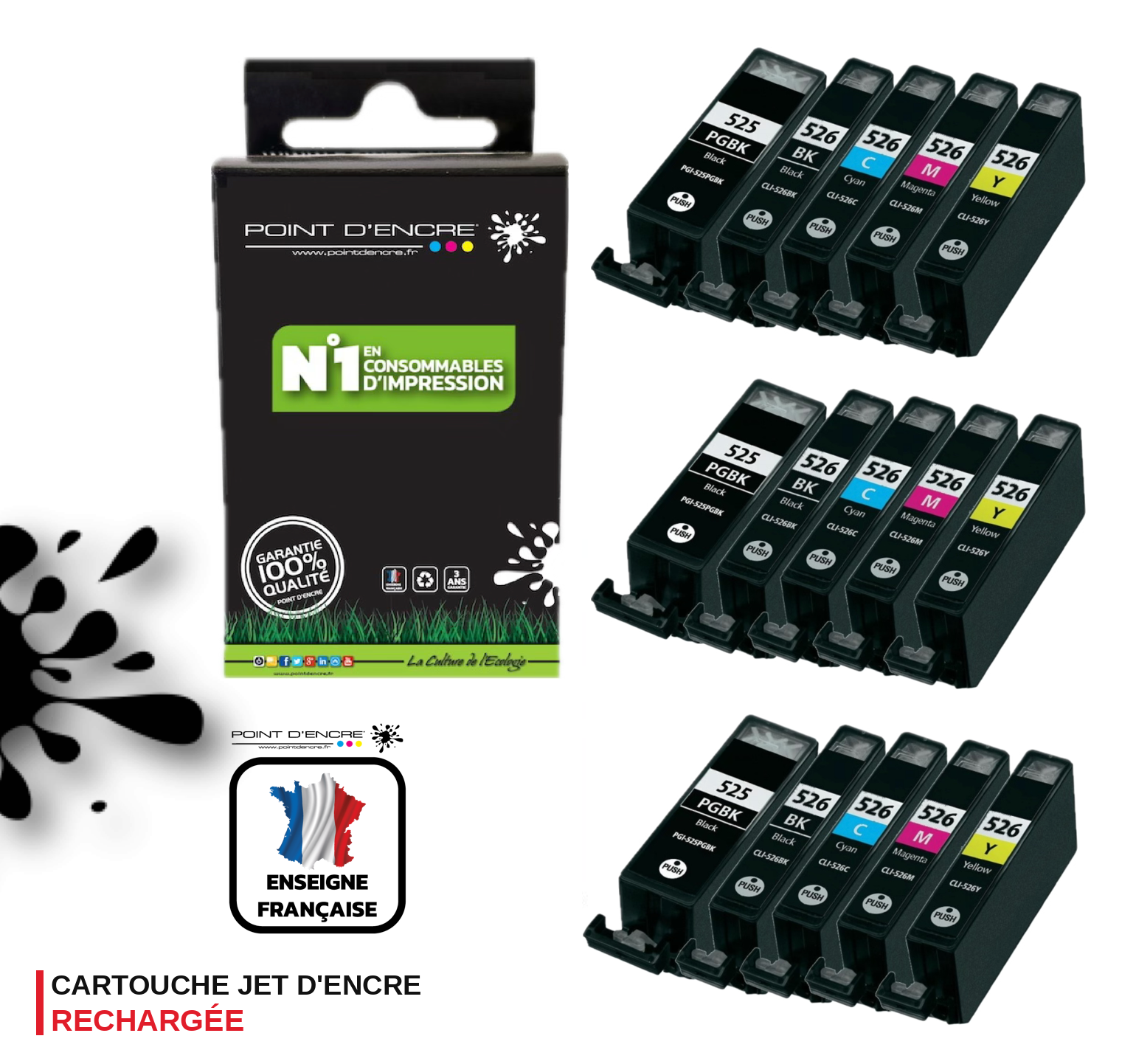 PGI-525 / CLI-526 - 3 X PACKS NOIR / NOIR PHOTO / CYAN / MAGENTA / JAUNE - Grande capacité de Marque Française POINT D'ENCRE Pour imprimante compatible CANON (cec)