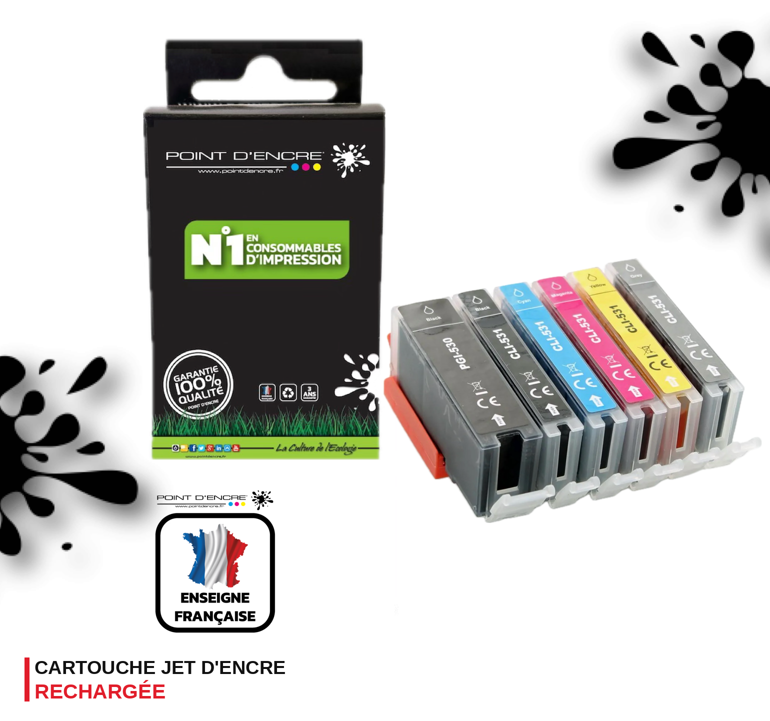 PGI-530 / CLI-531 - NOIR / NOIR PHOTO / CYAN / MAGENTA / JAUNE / GRISE - Grande capacité de Marque Française POINT D'ENCRE Pour imprimante compatible CANON (cec)