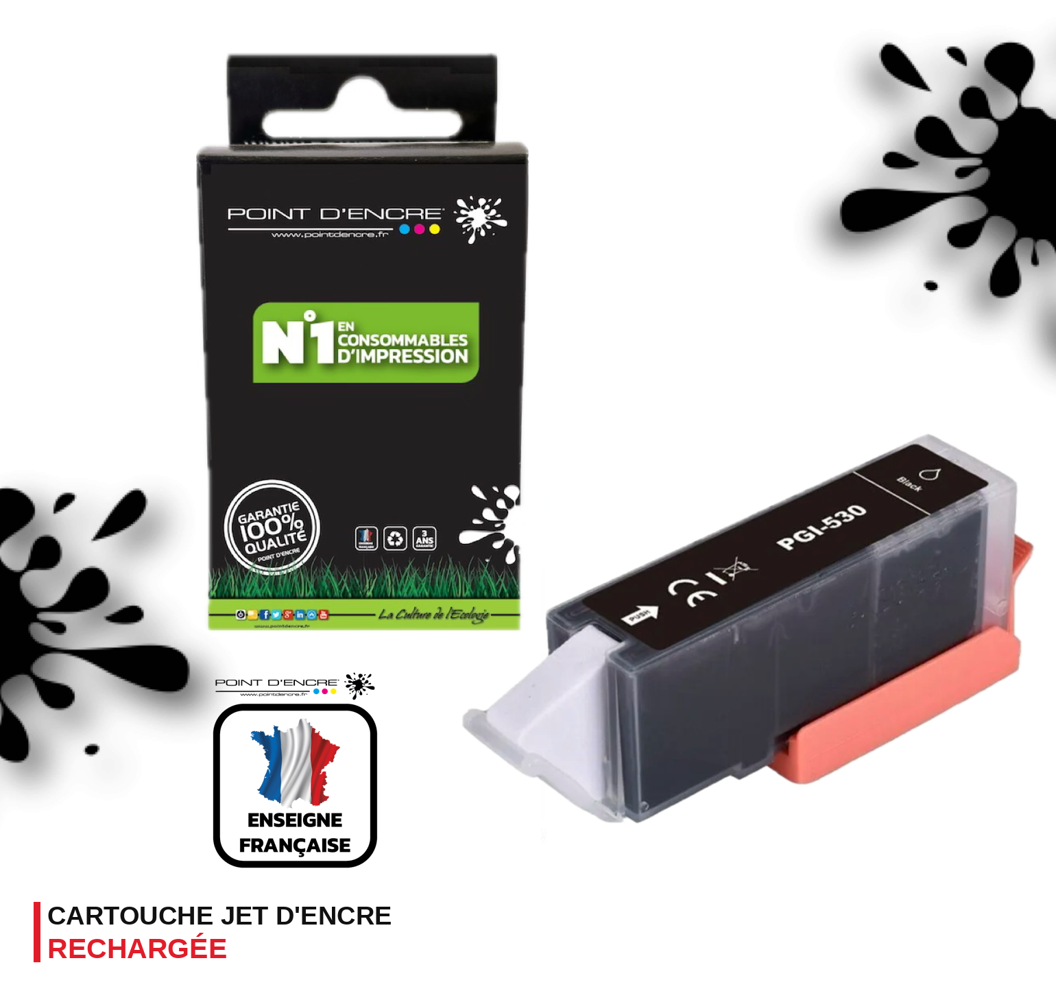 PGI-530 - NOIR - Grande capacité de Marque Française POINT D'ENCRE Pour imprimante compatible CANON (cec)