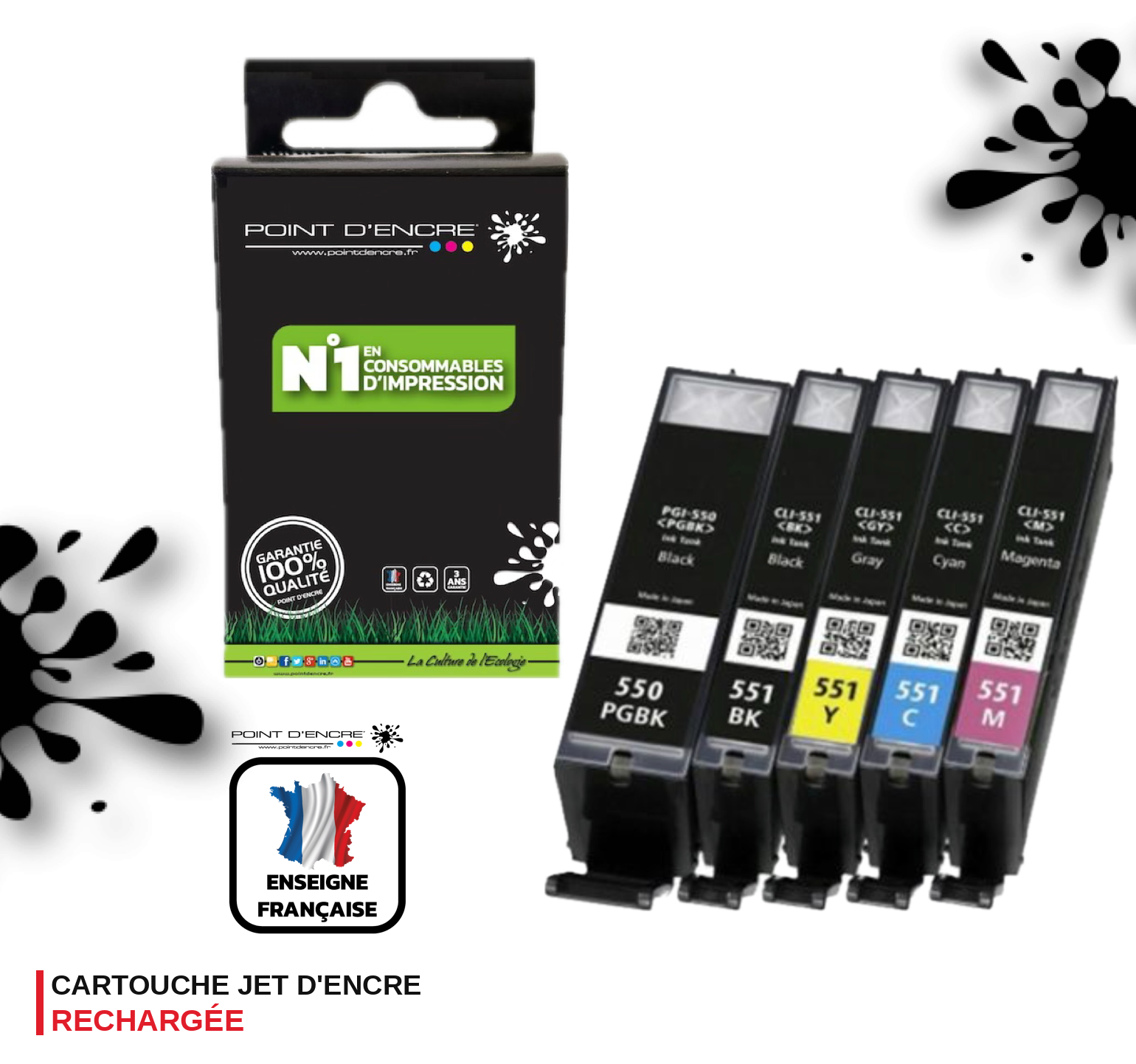 PGI-550XL / CLI-551XL - NOIR / CYAN / MAGENTA / JAUNE / NOIR PHOTO - Grande capacité de Marque Française POINT D'ENCRE Pour imprimante compatible CANON (cec)