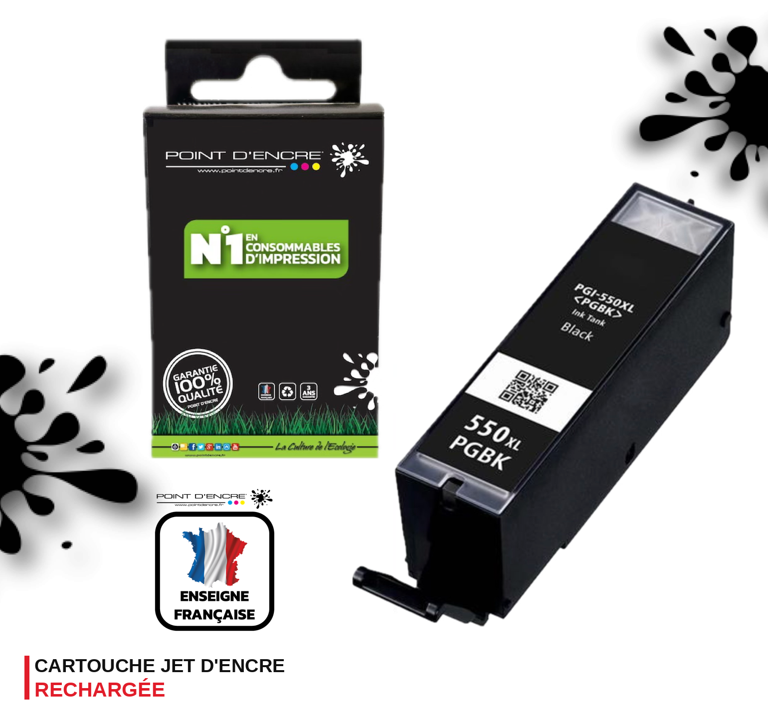 PGI-550XL  - NOIR - Grande capacité de Marque Française POINT D'ENCRE Pour imprimante compatible CANON (cec)