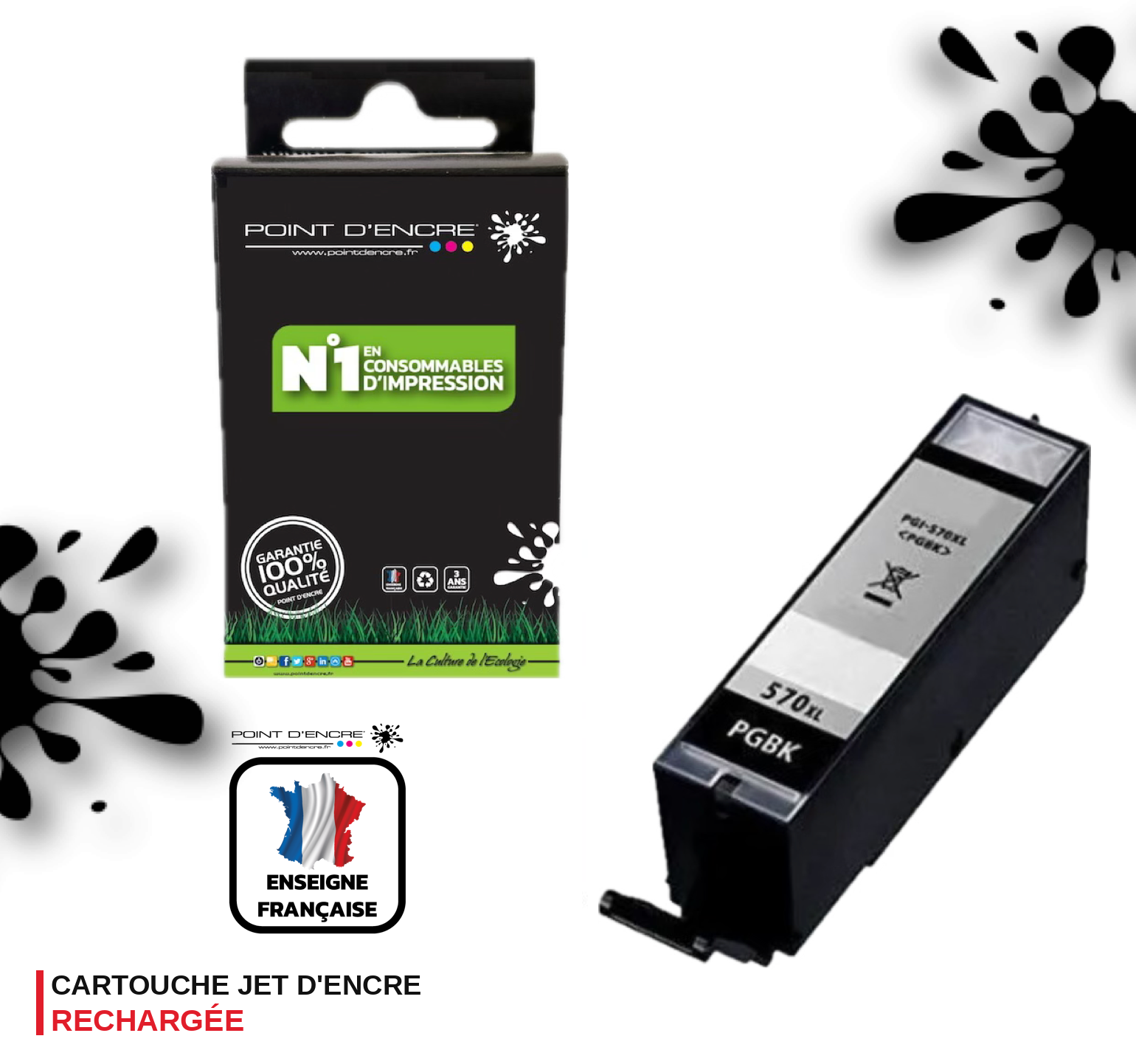 PGI-570XL - NOIR - Grande capacité de Marque Française POINT D'ENCRE Pour imprimante compatible CANON (cec)