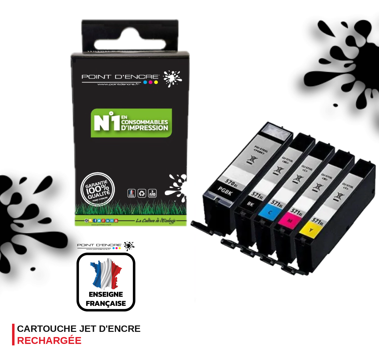 PGI-570XL / CLI-571XL - Pack Noir / Cyan / Magenta / Jaune / Noir photo - Grande capacité de Marque Française POINT D'ENCRE Pour imprimante compatible CANON (cec)