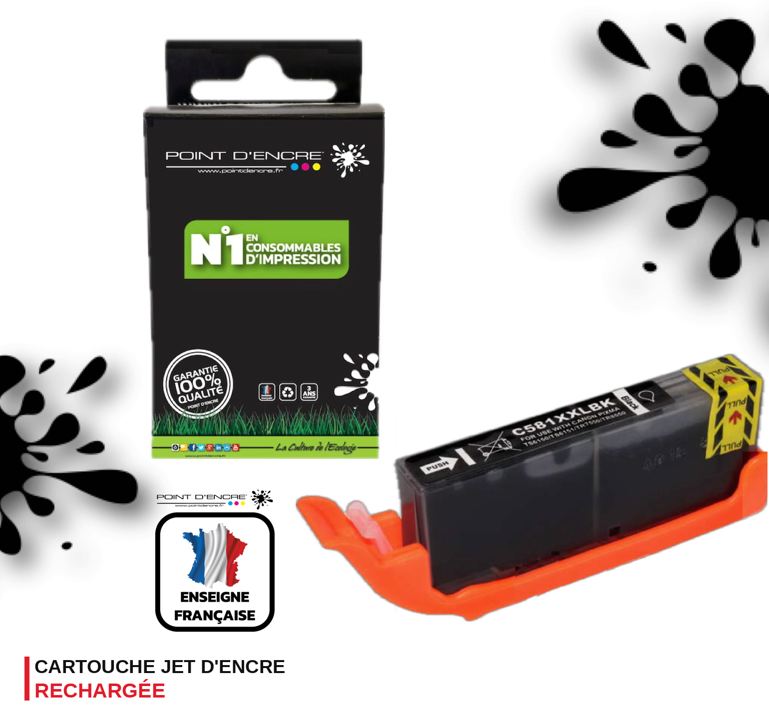 CLI-581XXL - NOIR PHOTO - Grande capacité de Marque Française POINT D'ENCRE Pour imprimante compatible CANON (cec)