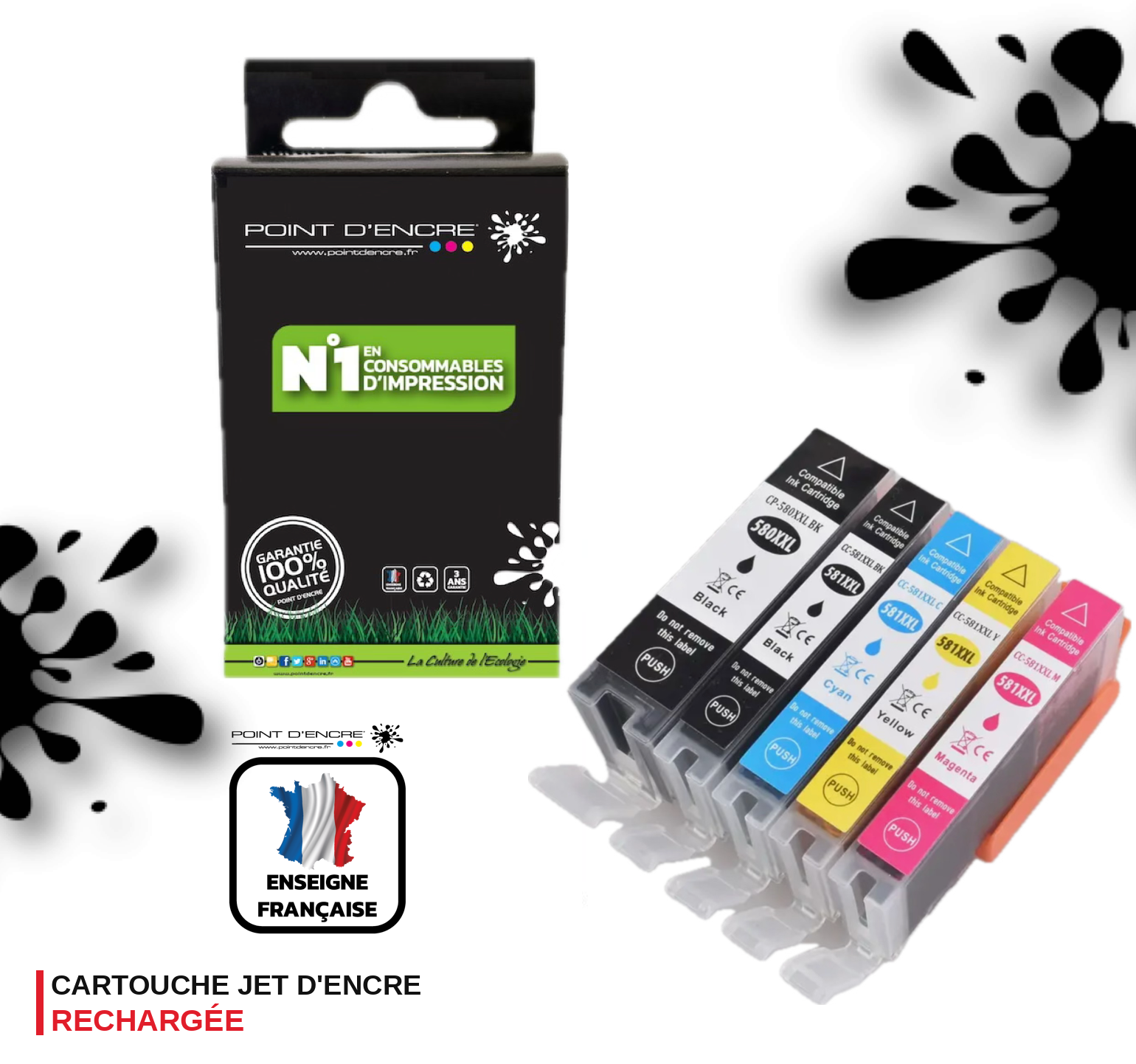 PGI-580XXL / CLI-581XXL - Pack Noir / Cyan / Magenta / Jaune - Grande capacité de Marque Française POINT D'ENCRE Pour imprimante compatible CANON (cec)