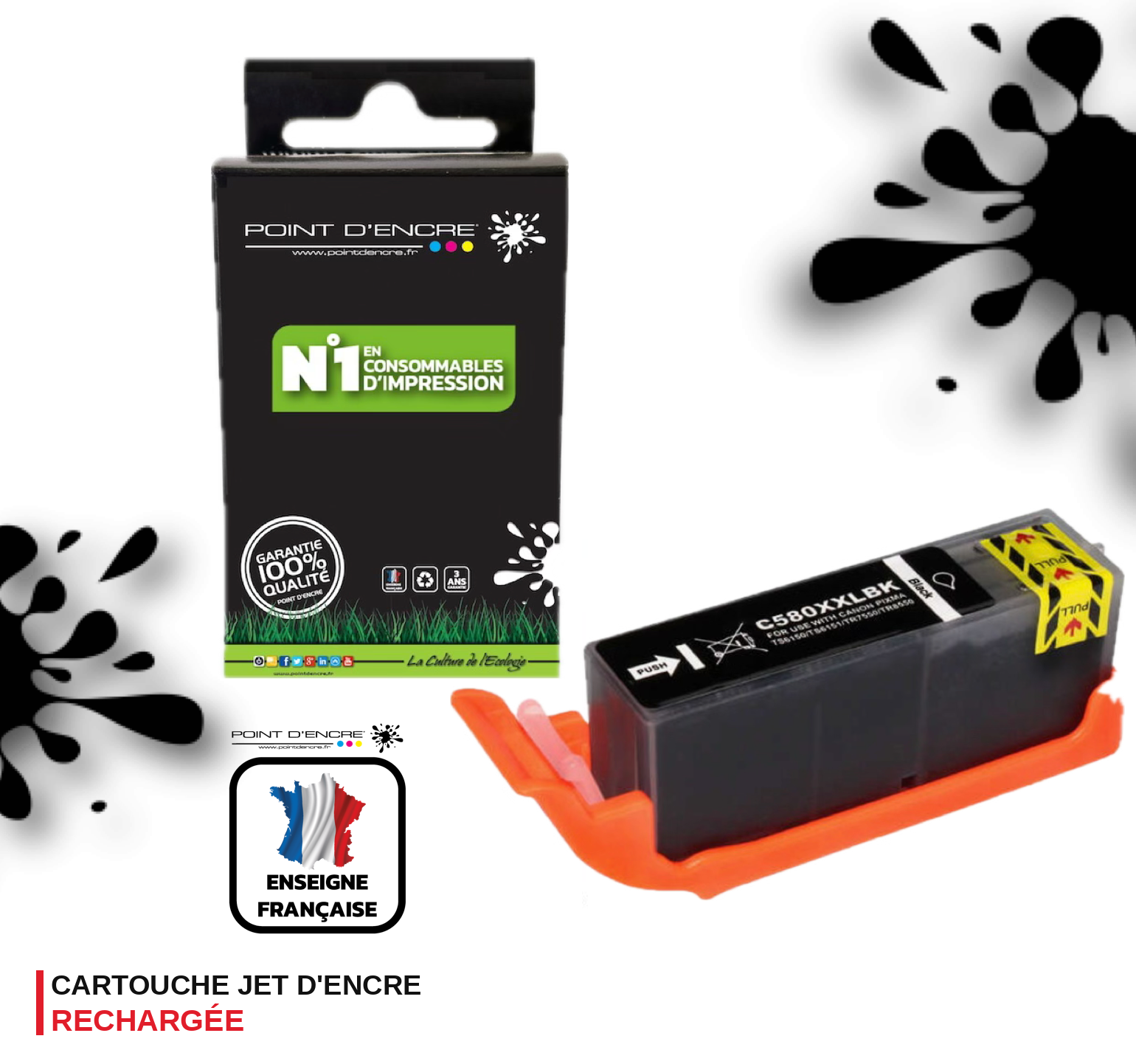 PGI-580XXL - NOIR  - Grande capacité de Marque Française POINT D'ENCRE Pour imprimante compatible CANON (cec)