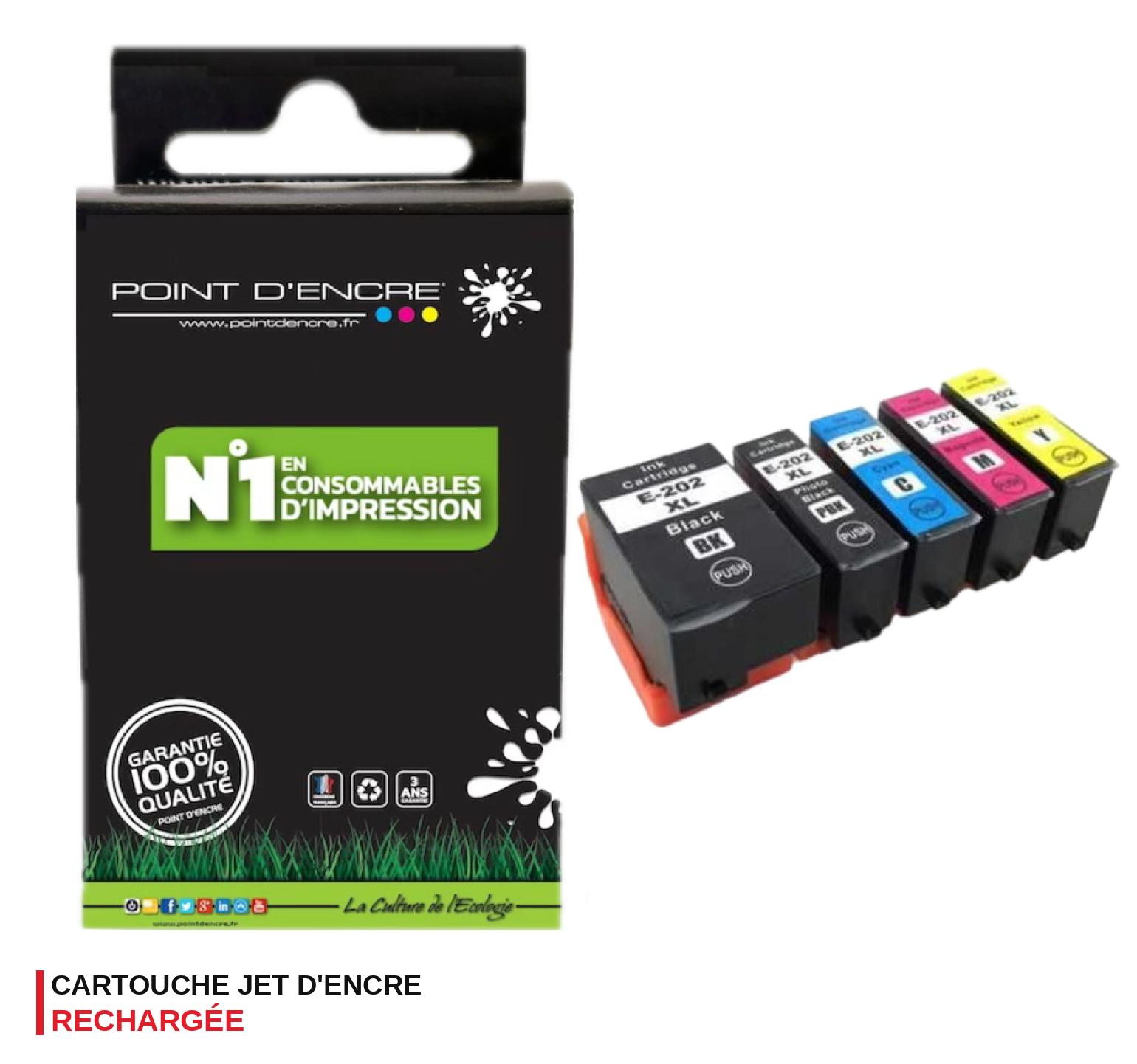 202XL - Kiwi - C13T02G74010 - Pack de 5 Cartouches D'encre Noir/ Cyan/ Magenta/ Jaune - Grande capacité de Marque Francaise POINT D'ENCRE Pour imprimante compatible EPSON (eep)