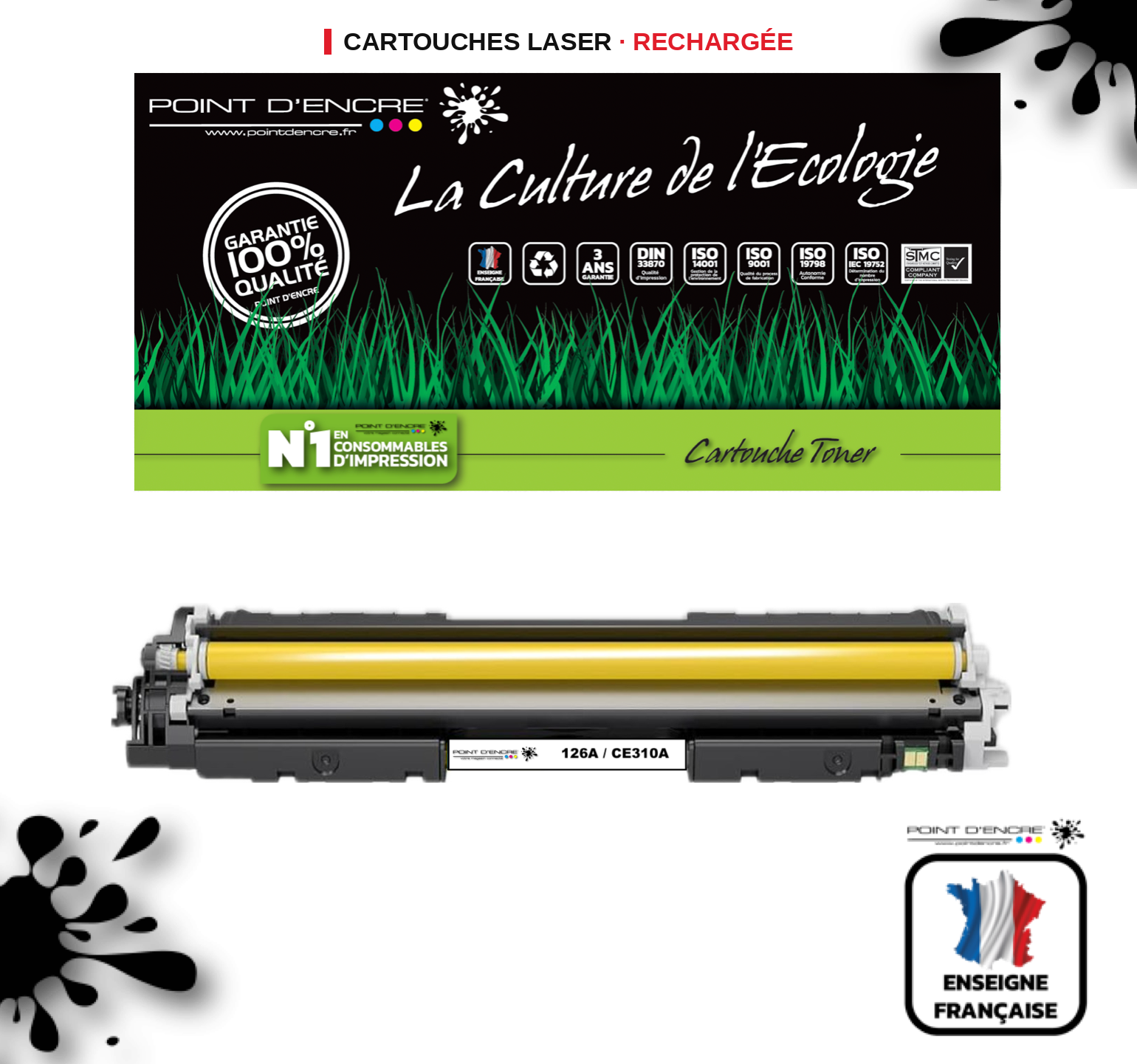 126A / CE310A - JAUNE - Grande capacité Marque Francaise POINT D'ENCRE pour Imprimantes compatibles HP (clhp)