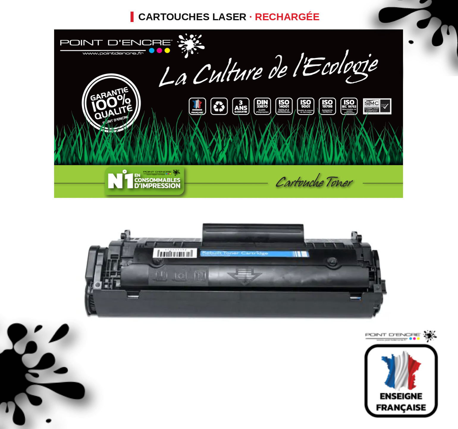 12A / Q2612A - NOIR - Grande capacité Marque Francaise POINT D'ENCRE pour Imprimantes compatibles HP (clhp)