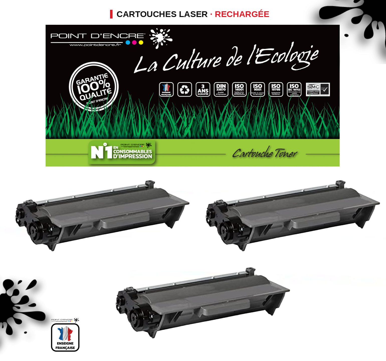 3 X TN3430 / TN3480 - NOIR - Grande capacité Marque Francaise POINT D'ENCRE pour Imprimantes compatibles Brother (clbr)