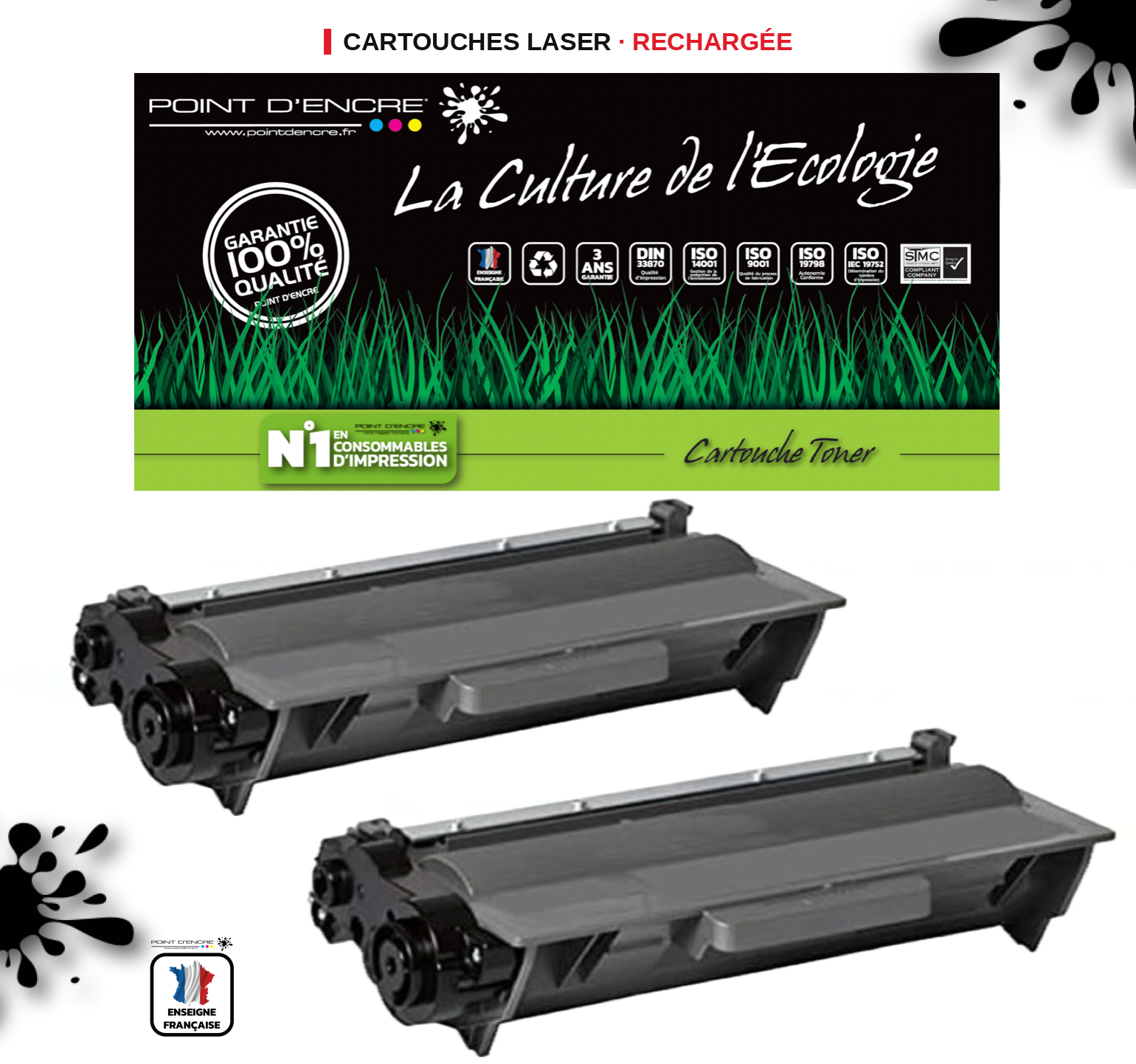 2 X TN3430 / TN3480 - NOIR - Grande capacité Marque Francaise POINT D'ENCRE pour Imprimantes compatibles Brother (clbr)
