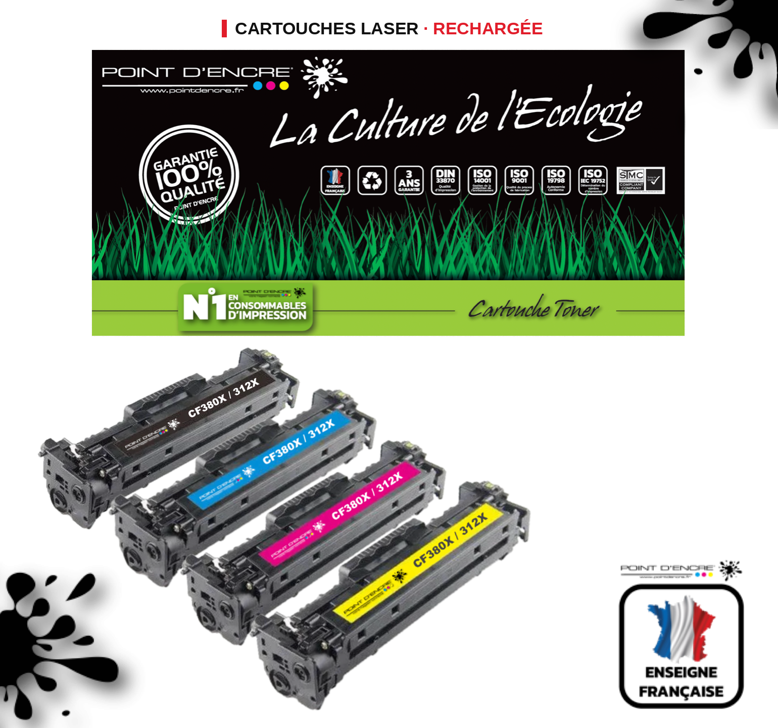 312X / CF380X - NOIR / CYAN / MAGENTA / JAUNE - Grande capacité Marque Francaise POINT D'ENCRE pour Imprimantes compatibles HP (clhp)