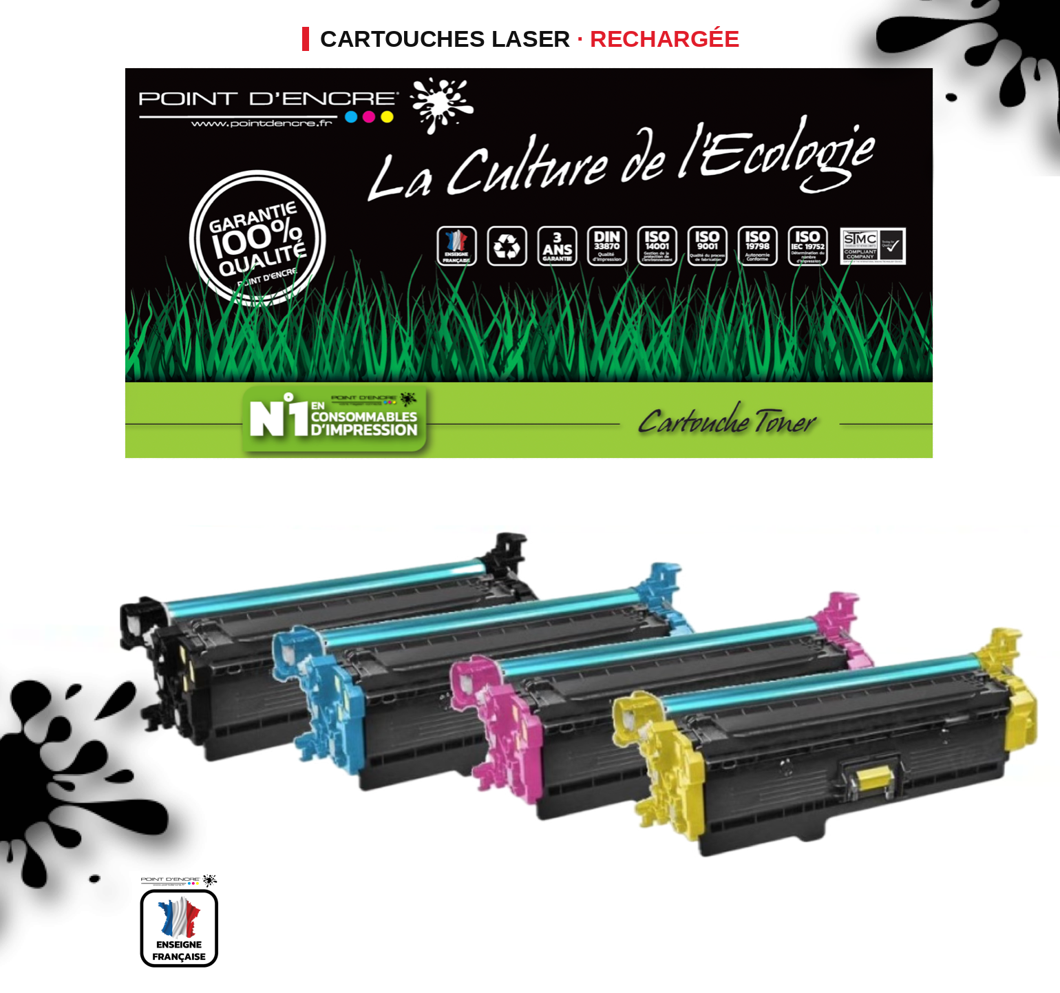 203X / CF540X - NOIR / CYAN / MAGENTA / JAUNE - Grande capacité Marque Francaise POINT D'ENCRE pour Imprimantes compatibles HP (clhp)