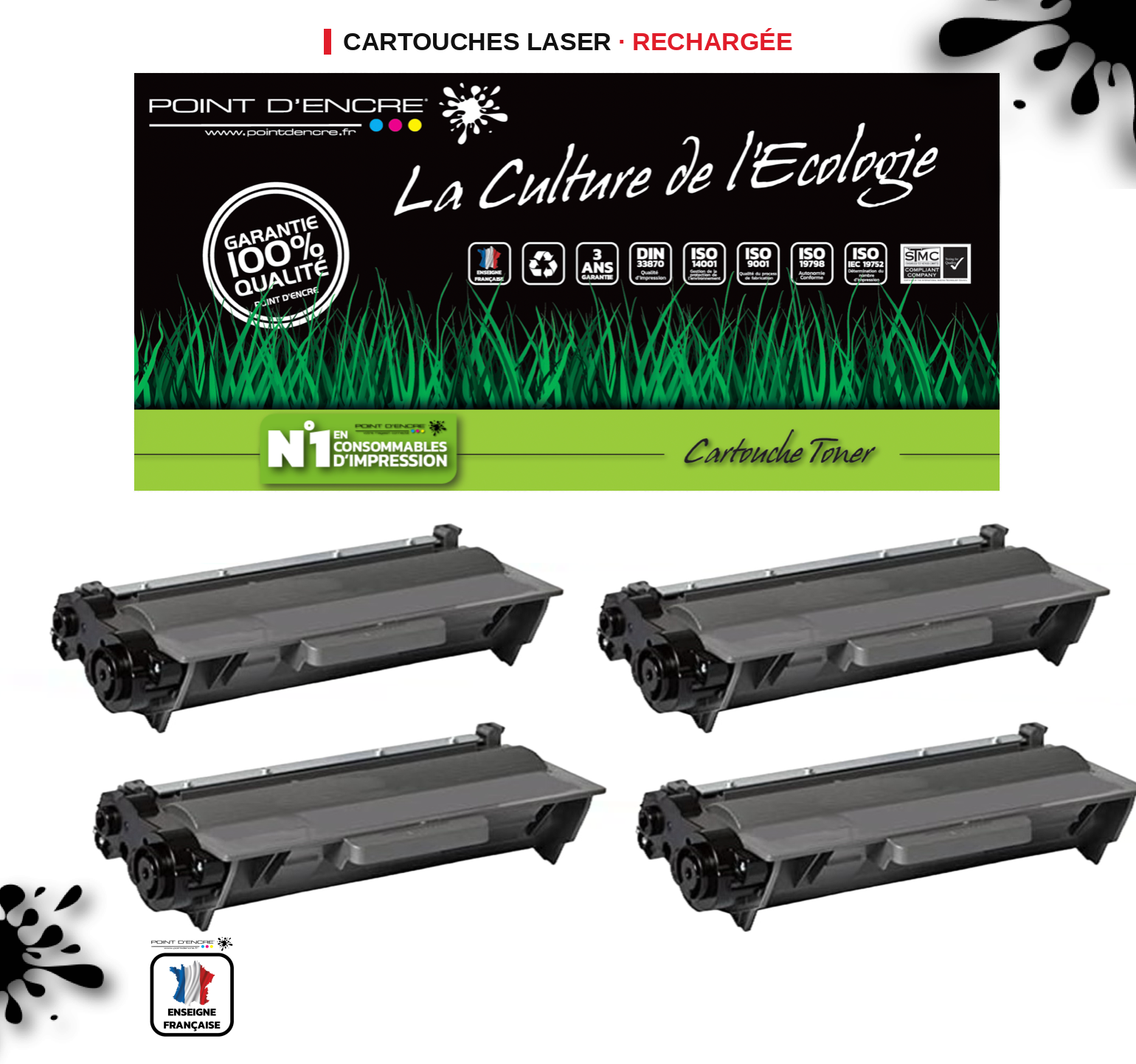4 X TN3430 / TN3480 - NOIR - Grande capacité Marque Francaise POINT D'ENCRE pour Imprimantes compatibles Brother (clbr)