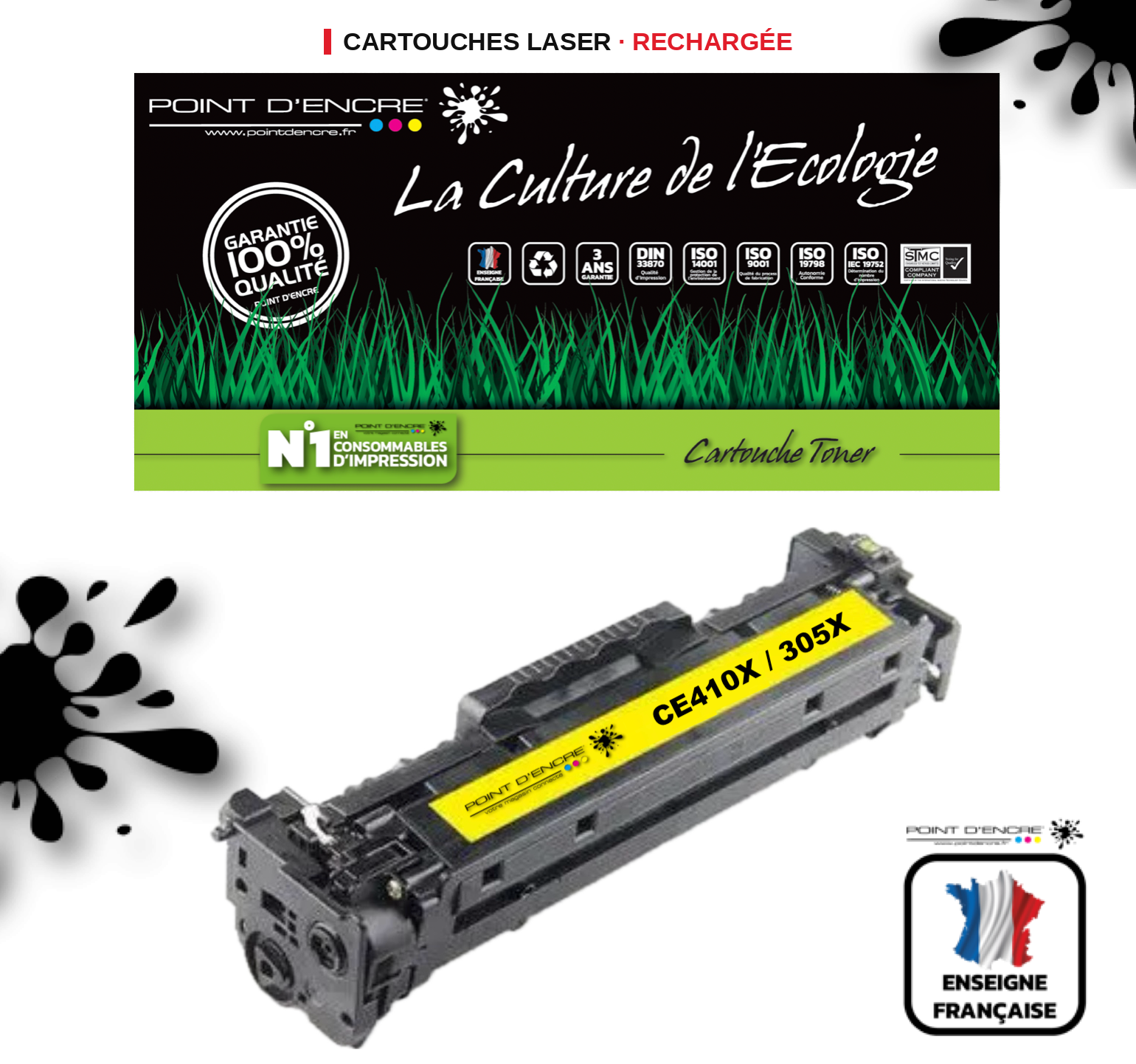 305X / CE410X - JAUNE  - Grande capacité Marque Francaise POINT D'ENCRE pour Imprimantes compatibles HP (clhp)