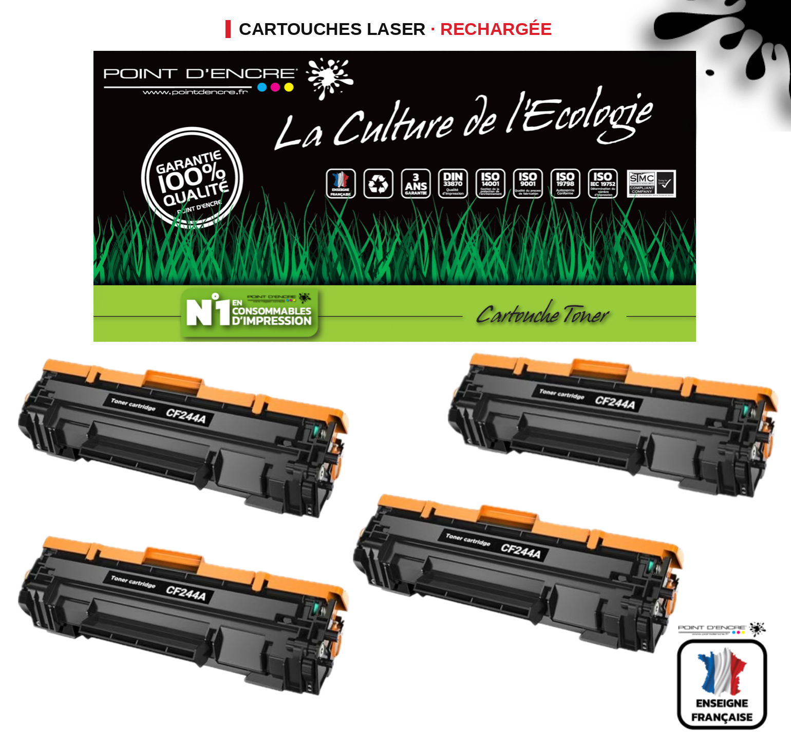 4 X CF244A/44A - Noir - Grande capacité Marque Francaise POINT D'ENCRE pour Imprimantes compatibles HP (clhp)