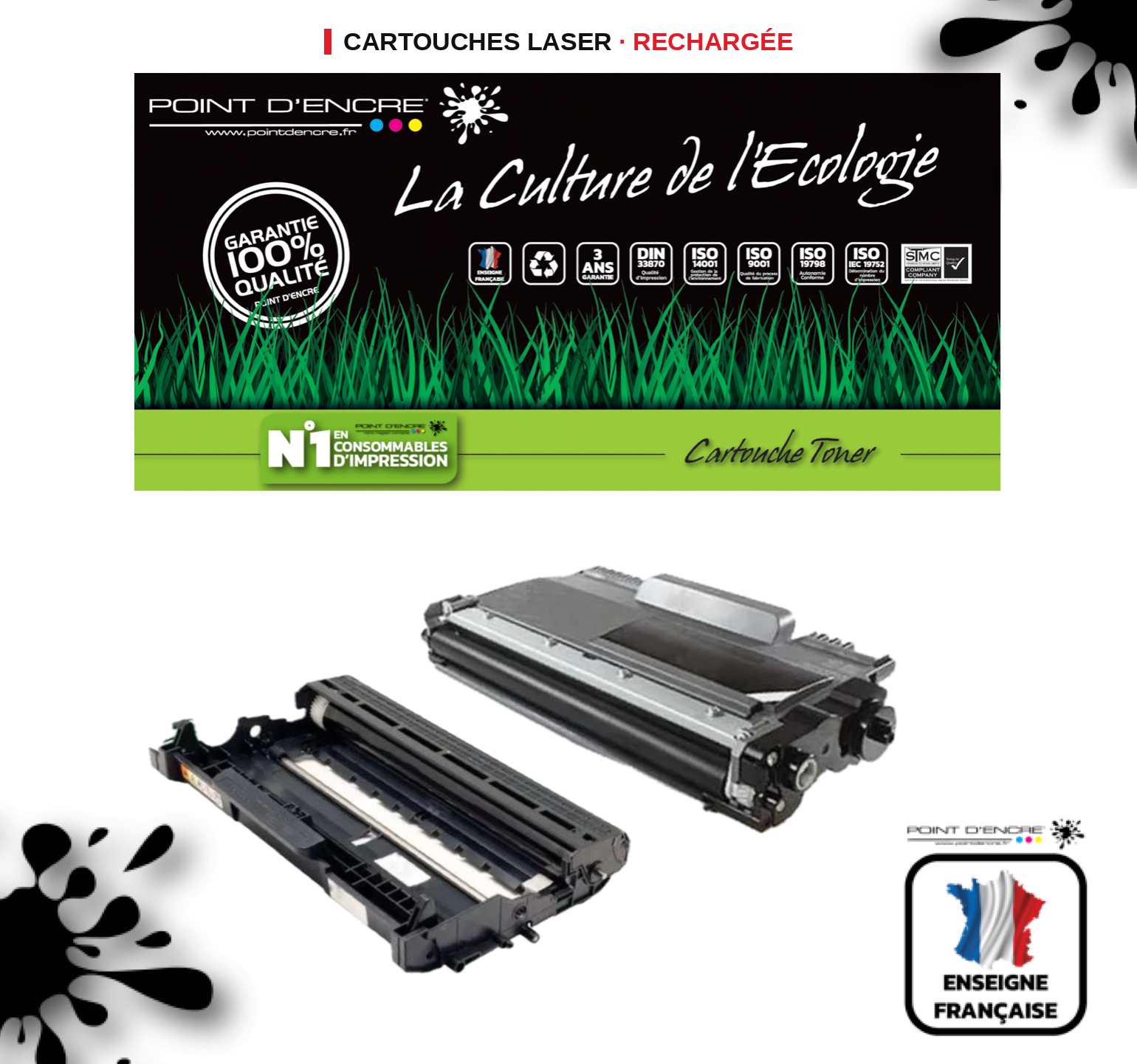 DR2200 / DR450 / TN2220/TN2210/TN2010/TN450 - NOIR - Grande capacité Marque Francaise POINT D'ENCRE SU799A / SU810A pour Imprimantes compatibles Brother (clbr)