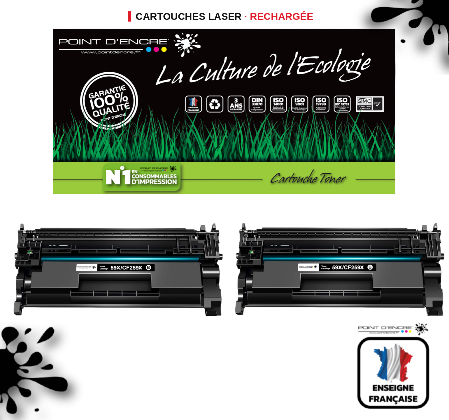 59X / CF259X - 2 X NOIR - Grande capacité Marque Francaise POINT D'ENCRE pour Imprimantes compatibles HP (clhp)