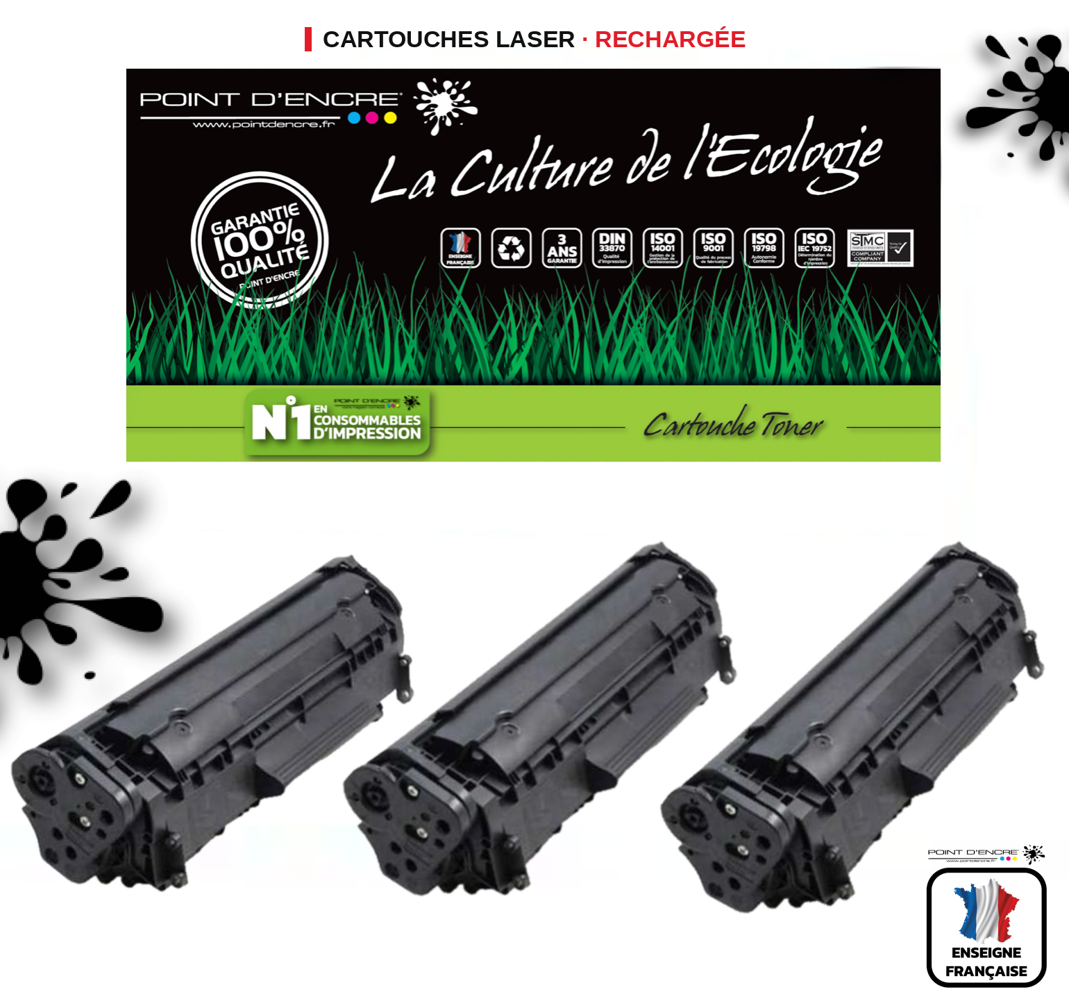 CE285A/CE278A/CB435A/CB436A - 85A/78A/35A/36A - 3 X NOIR - Grande capacité Marque Francaise POINT D'ENCRE pour Imprimantes compatibles HP (clhp)