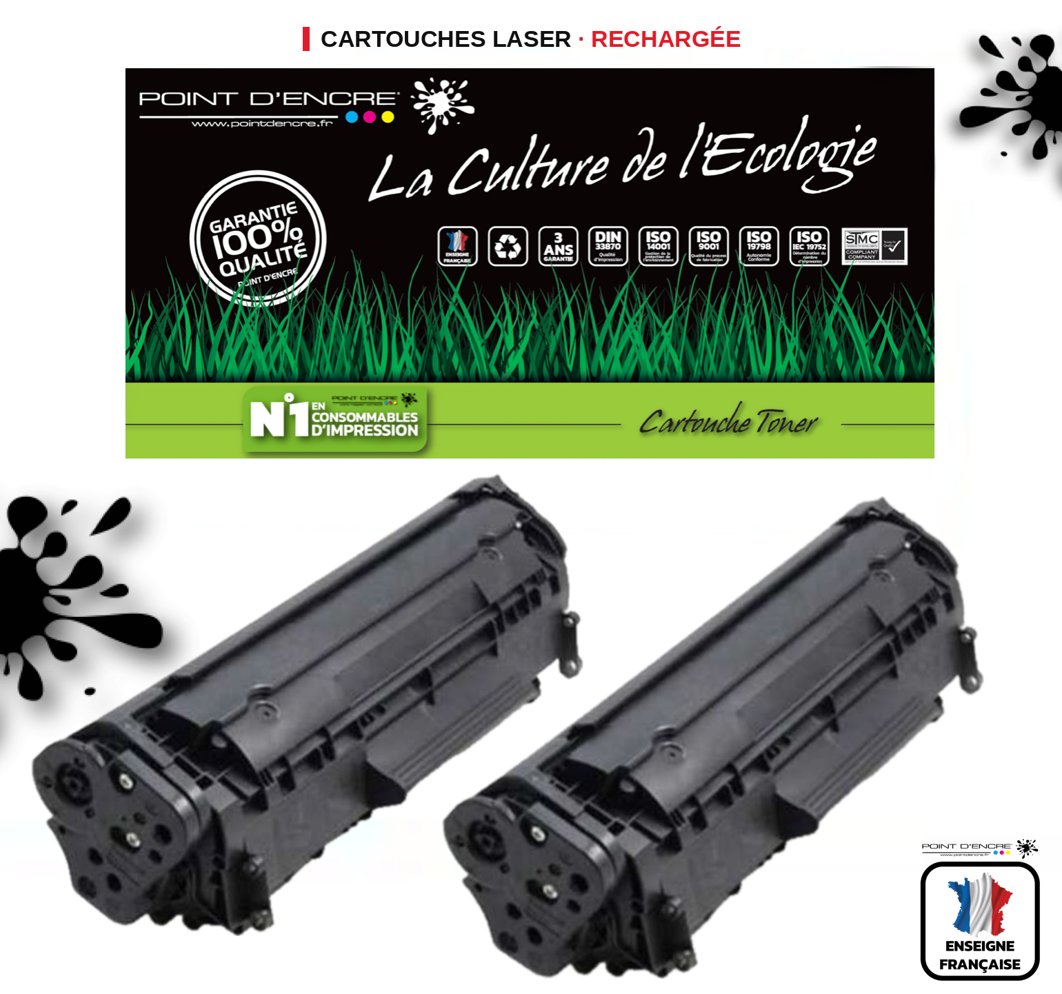 CE285A/CE278A/CB435A/CB436A - 85A/78A/35A/36A - 2 X NOIR - Grande capacité Marque Francaise POINT D'ENCRE pour Imprimantes compatibles HP (clhp)