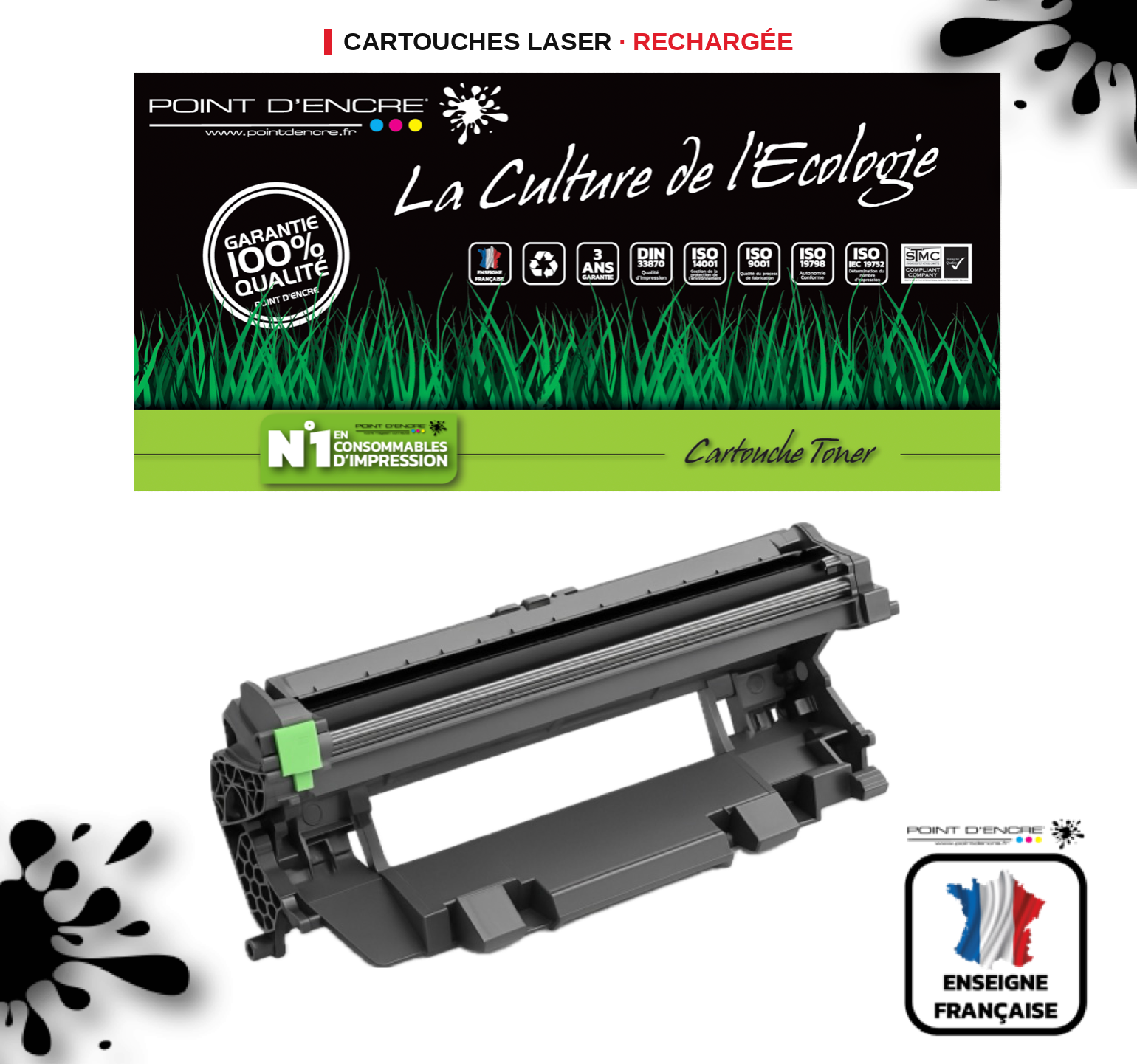 DR1150 - Tambour - Noir - Grande capacité Marque Francaise POINT D'ENCRE pour Imprimantes compatibles Brother (clp)
