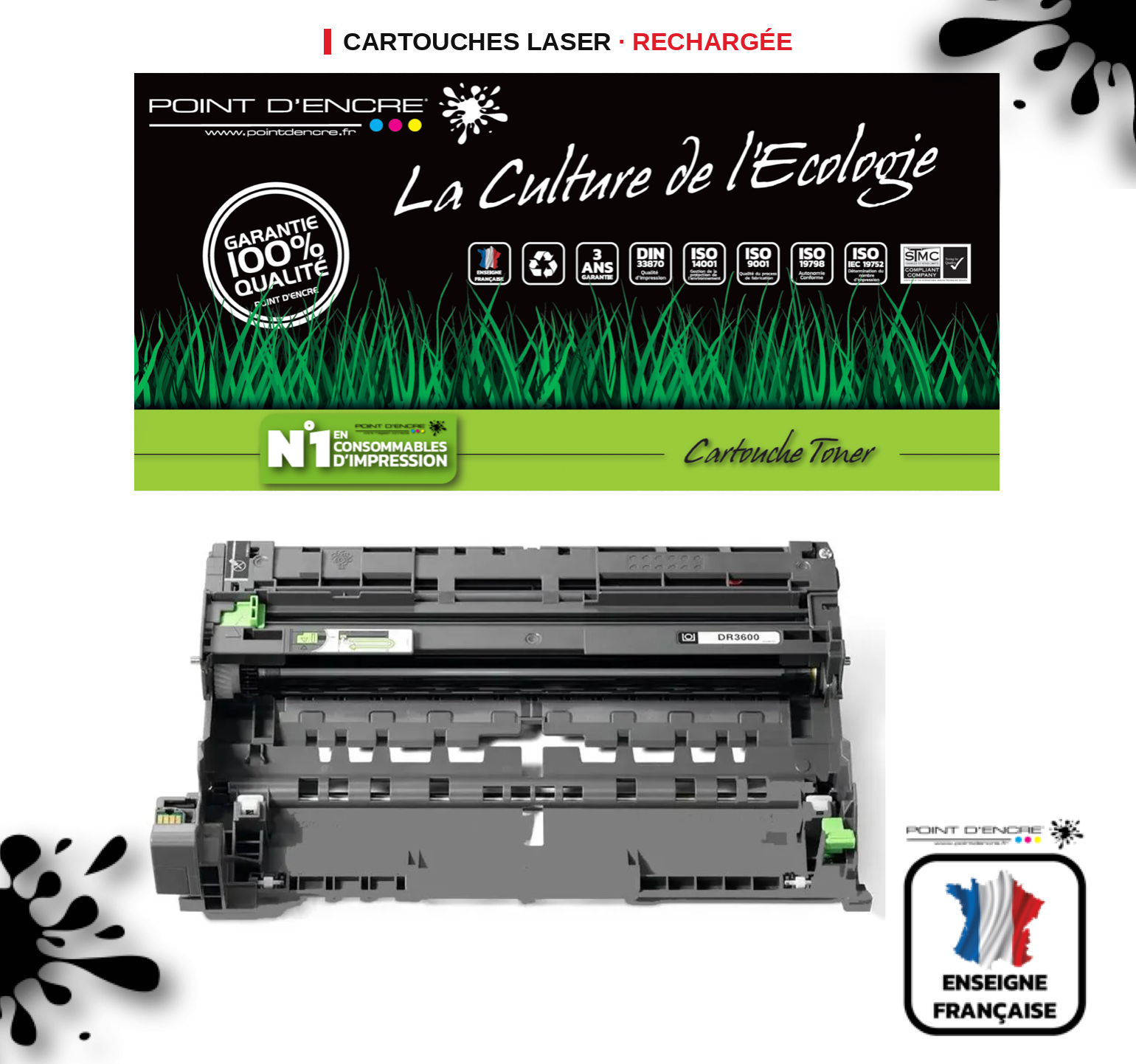DR3600 - TAMBOUR - Noir - Grande capacité Marque Francaise POINT D'ENCRE pour Imprimantes compatibles Brother (clp)