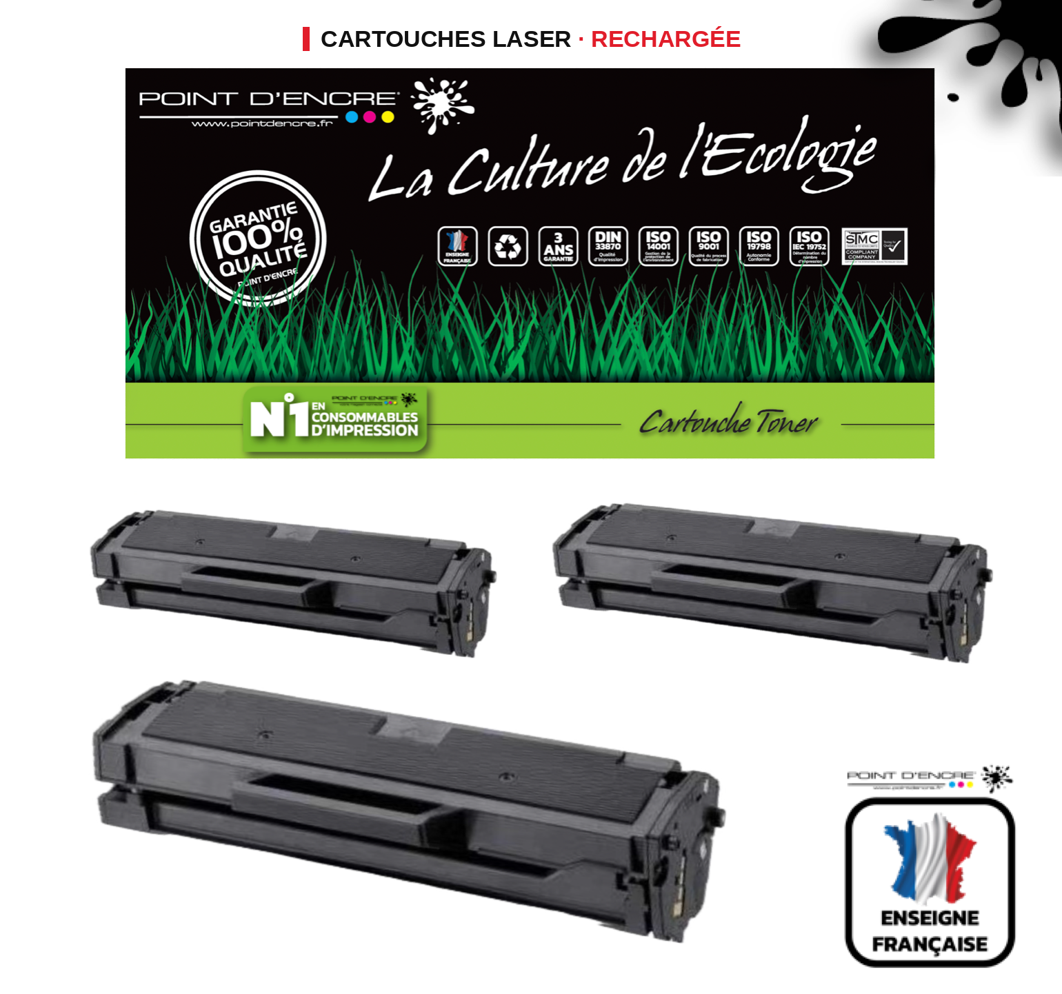 MLT-D111L / MLT-D111S - 3 X NOIR - Grande capacité Marque Francaise POINT D'ENCRE SU799A / SU810A pour Imprimantes compatibles Samsung (clsa)