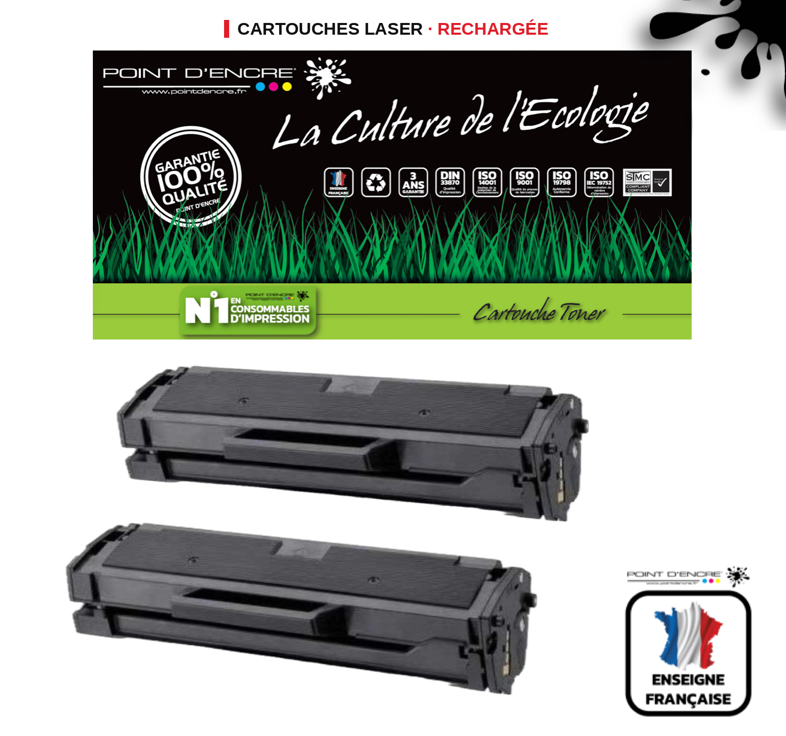 MLT-D111L / MLT-D111S - 2 X NOIR - Grande capacité Marque Francaise POINT D'ENCRE SU799A / SU810A pour Imprimantes compatibles Samsung (clsa)