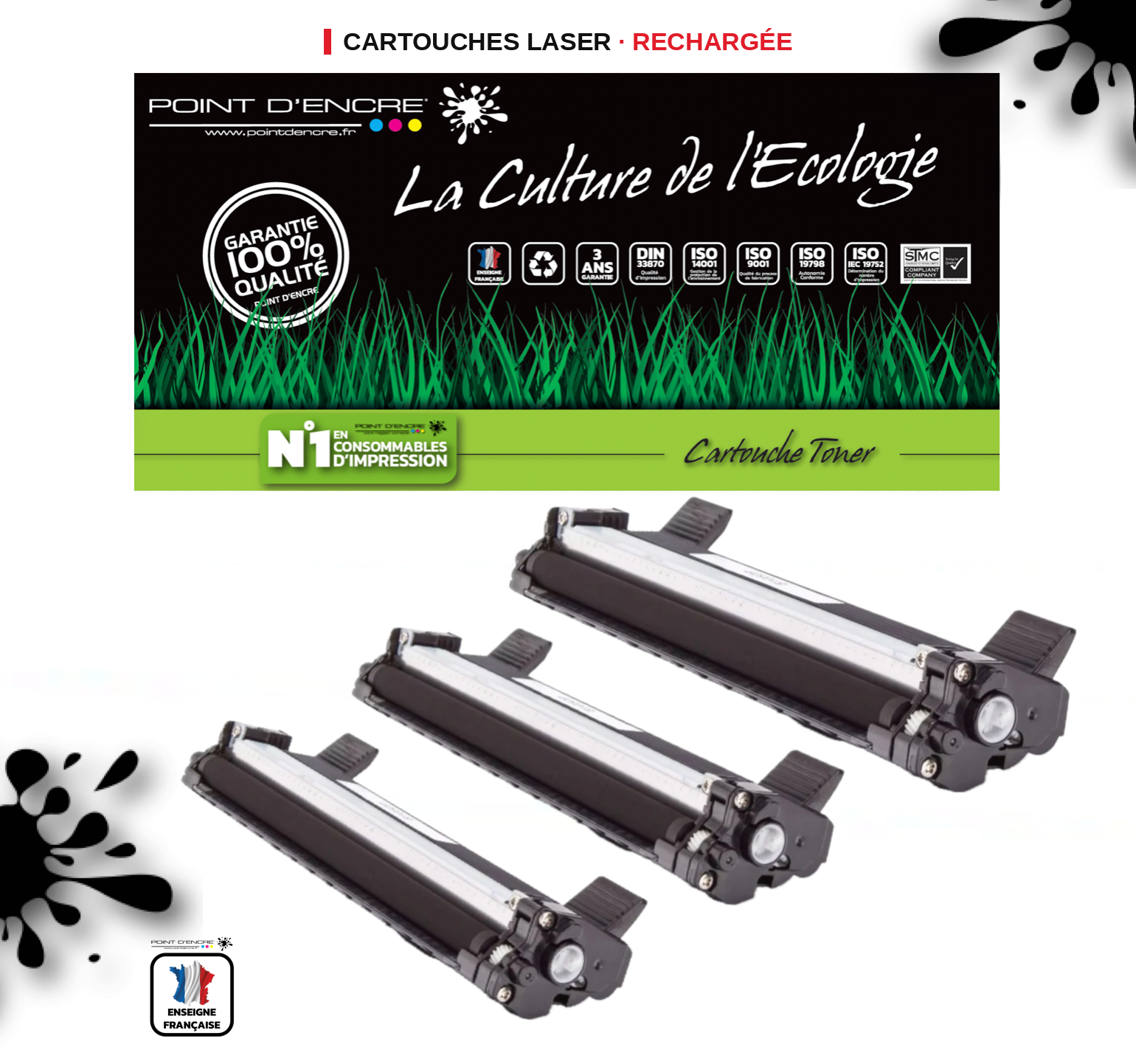 TN1050 - 3 X Noir - Cartouche d'encre Toner - Grande capacité Marque Francaise POINT D'ENCRE pour Imprimantes compatibles Brother (clp)