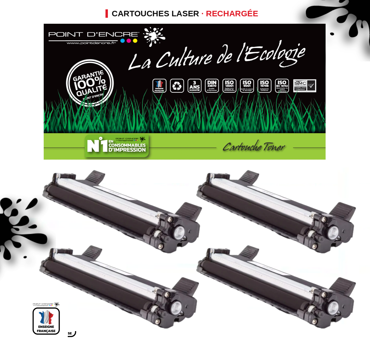 TN1050 - 4 X Noir - Cartouche d'encre Toner - Grande capacité Marque Francaise POINT D'ENCRE pour Imprimantes compatibles Brother (clp)