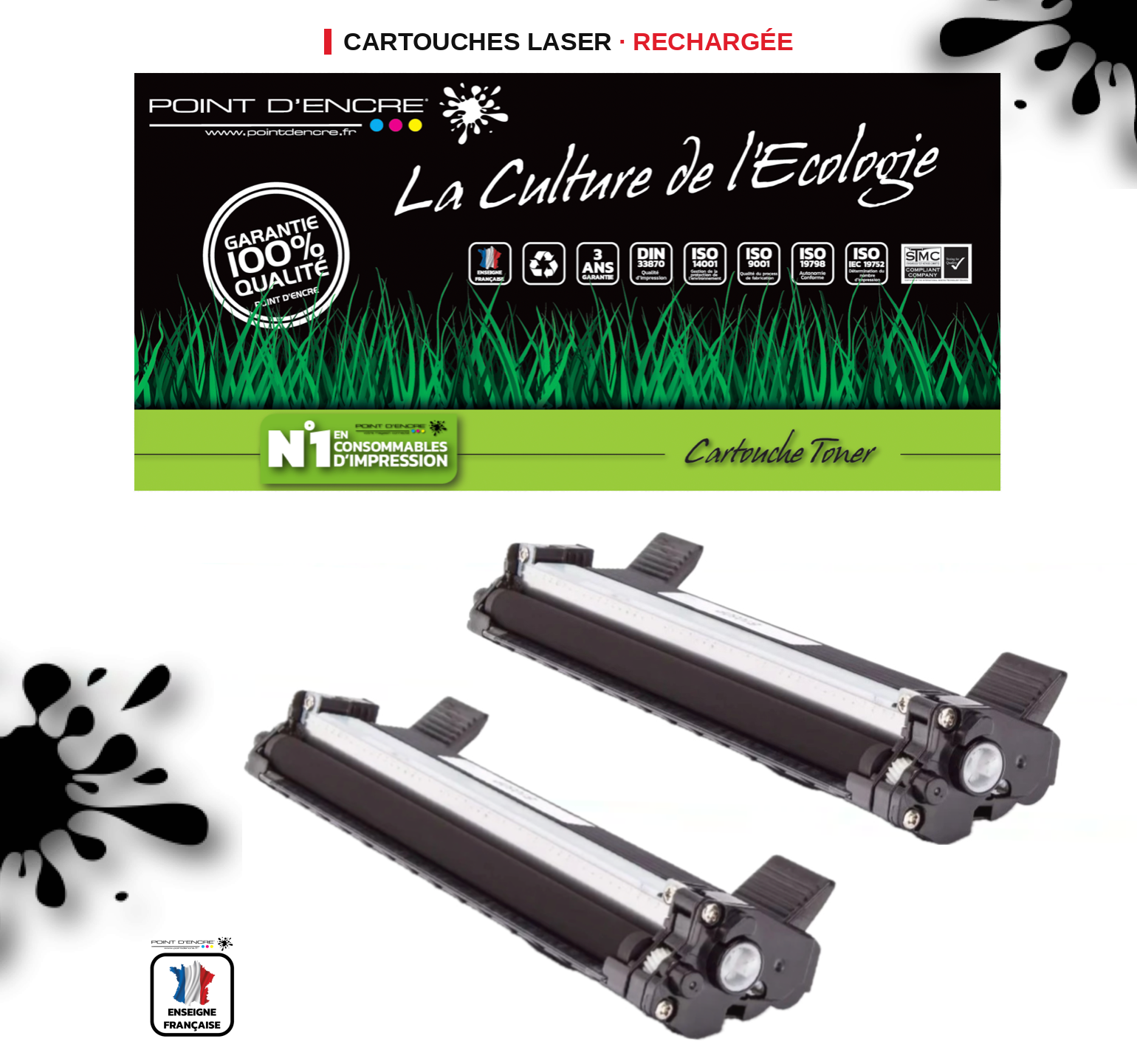 TN1050 - 2 X Noir - Cartouche d'encre Toner - Grande capacité Marque Francaise POINT D'ENCRE pour Imprimantes compatibles Brother (clp)