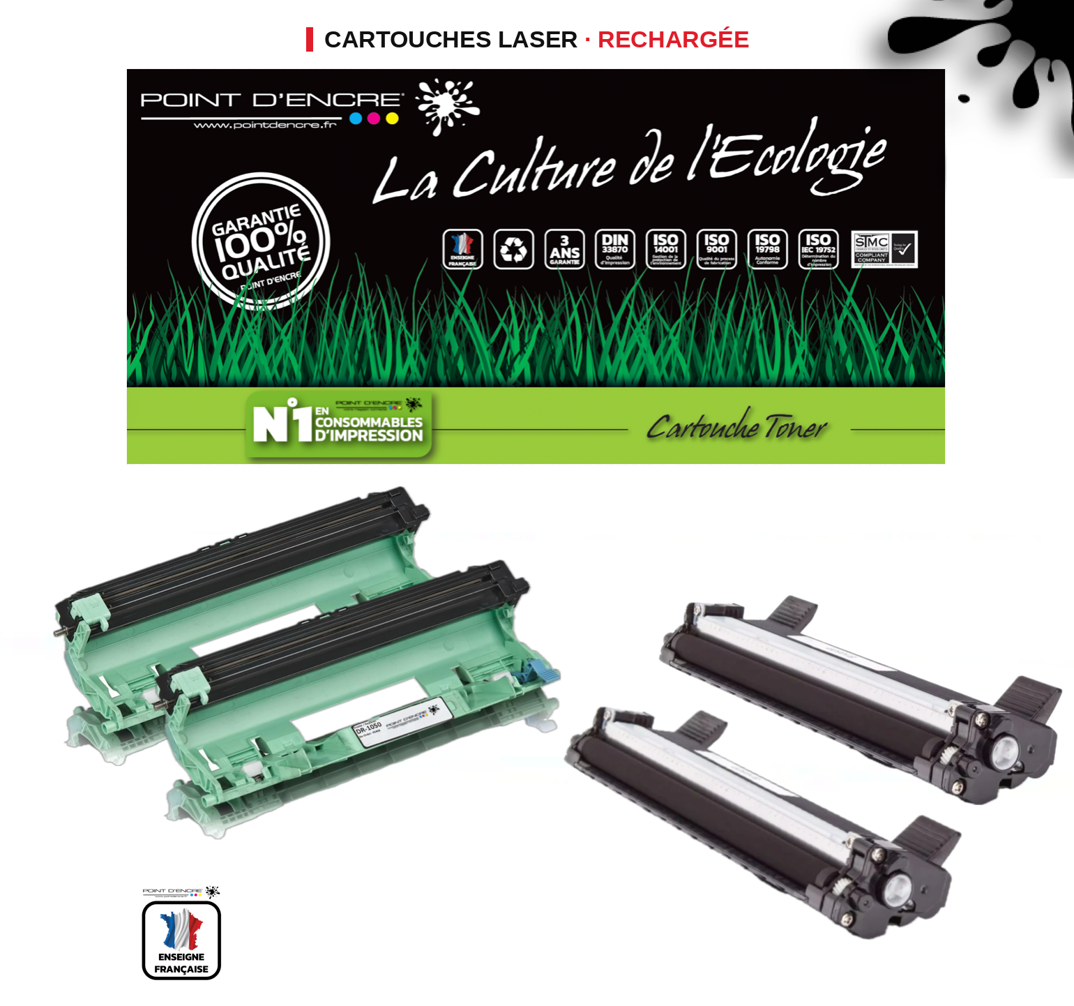 TN1050 / DR1050 - 2 X Cartouche / 2 X Tambour - Noir - Grande capacité Marque Francaise POINT D'ENCRE pour Imprimantes compatibles Brother (clp)