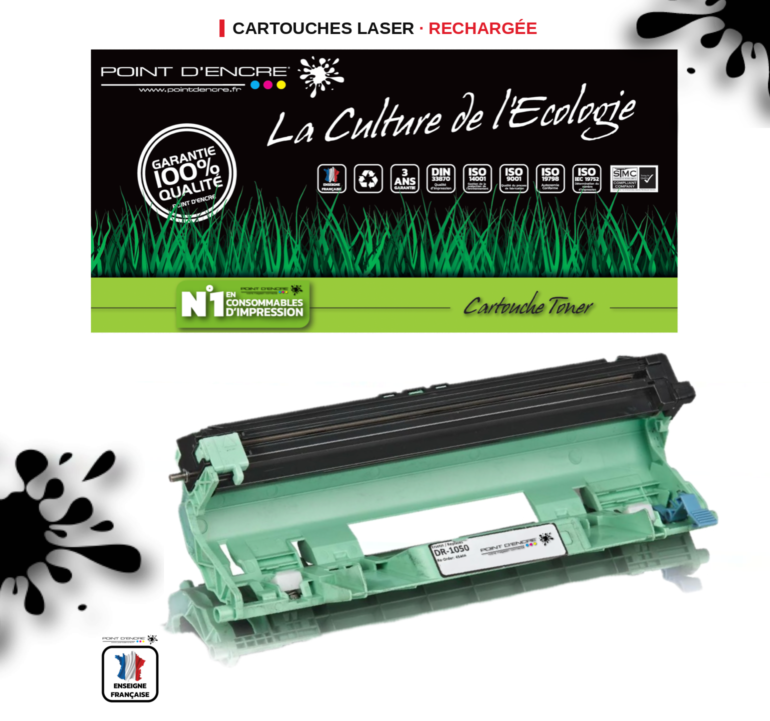 DR1050 - Tambour - Noir - Grande capacité Marque Francaise POINT D'ENCRE pour Imprimantes TN1050 compatibles Brother (clp)