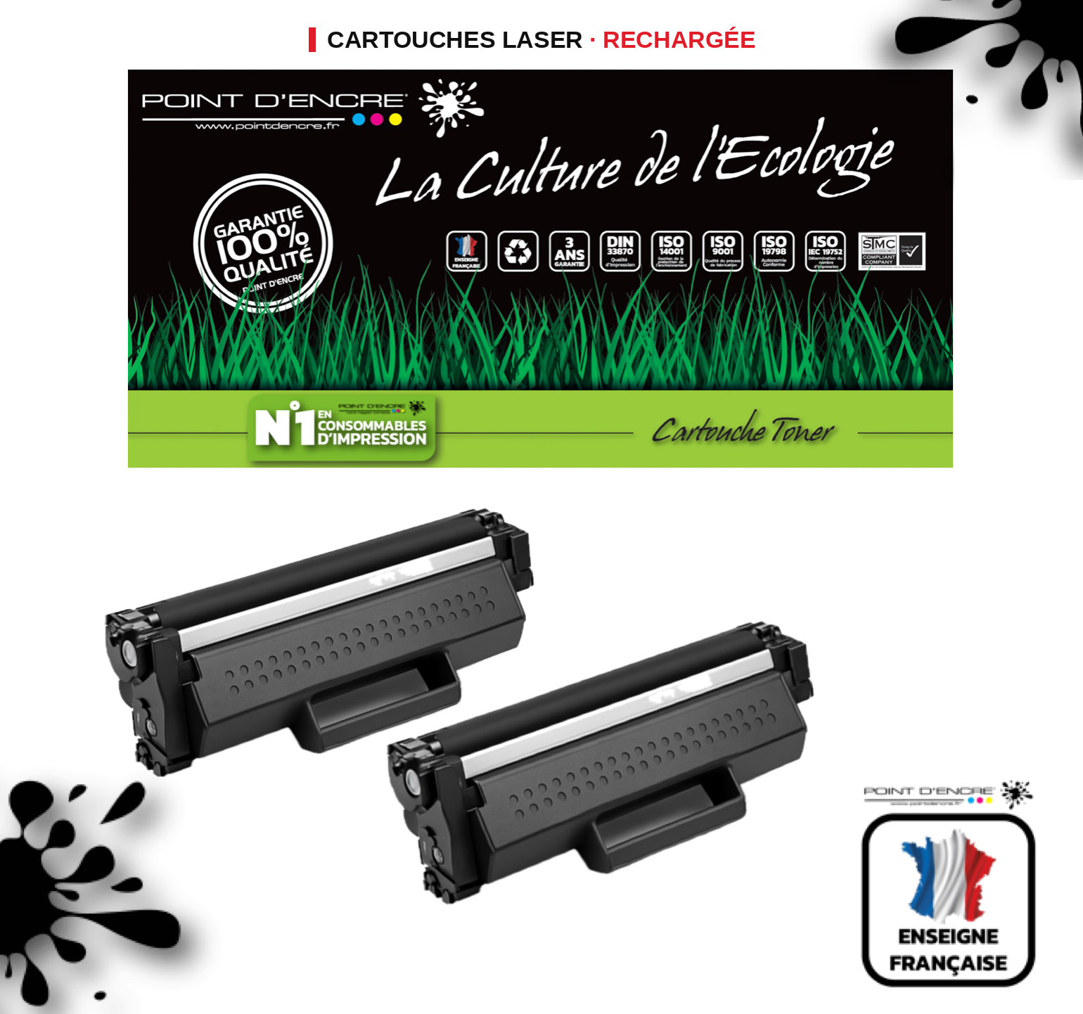 TN1150 - 2 X Noir - Grande capacité Marque Francaise POINT D'ENCRE pour Imprimantes compatibles Brother (clp)